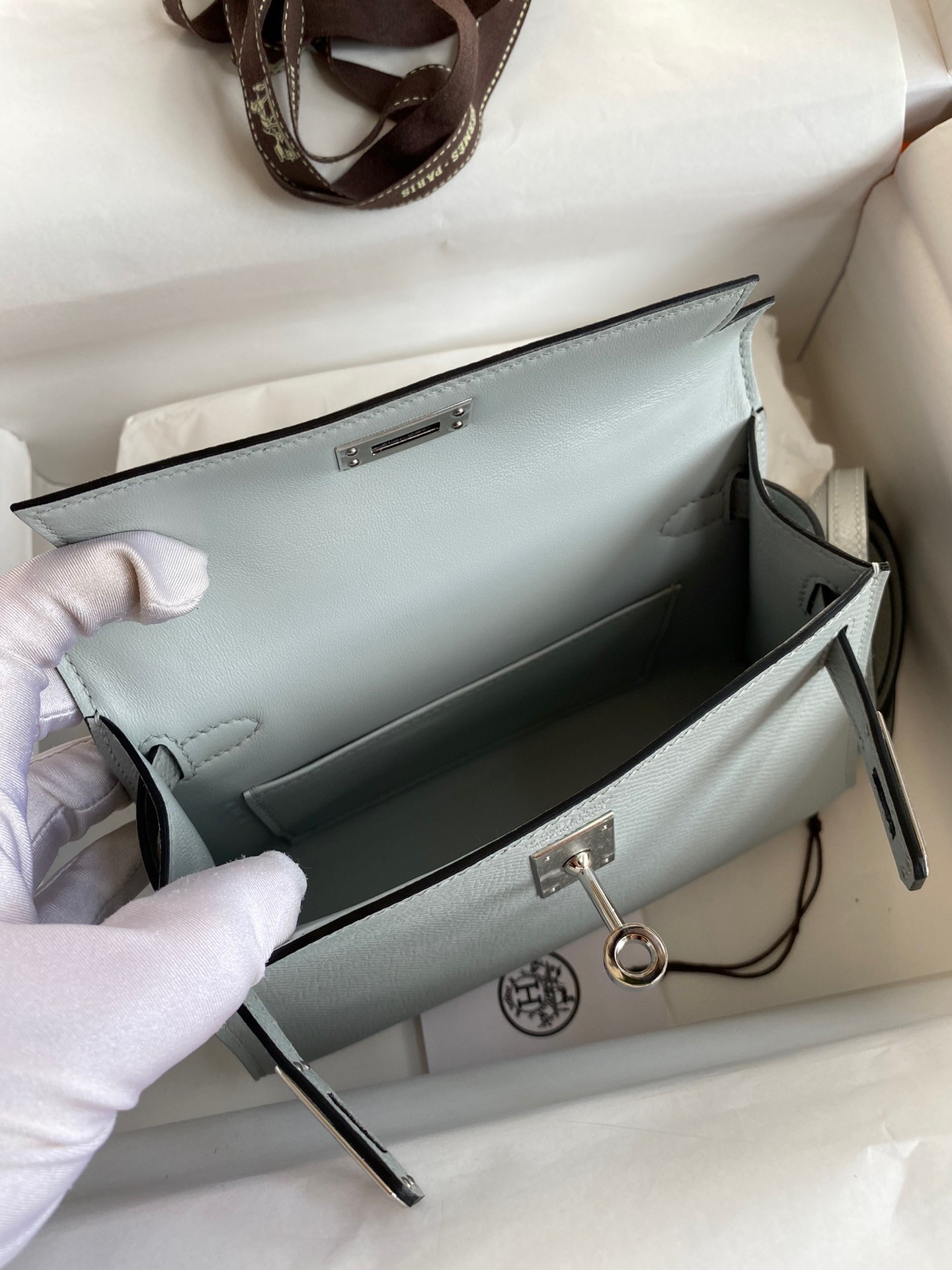 H**mes kelly mini ii sellier handmade bag in blue glacier epsom calfskin