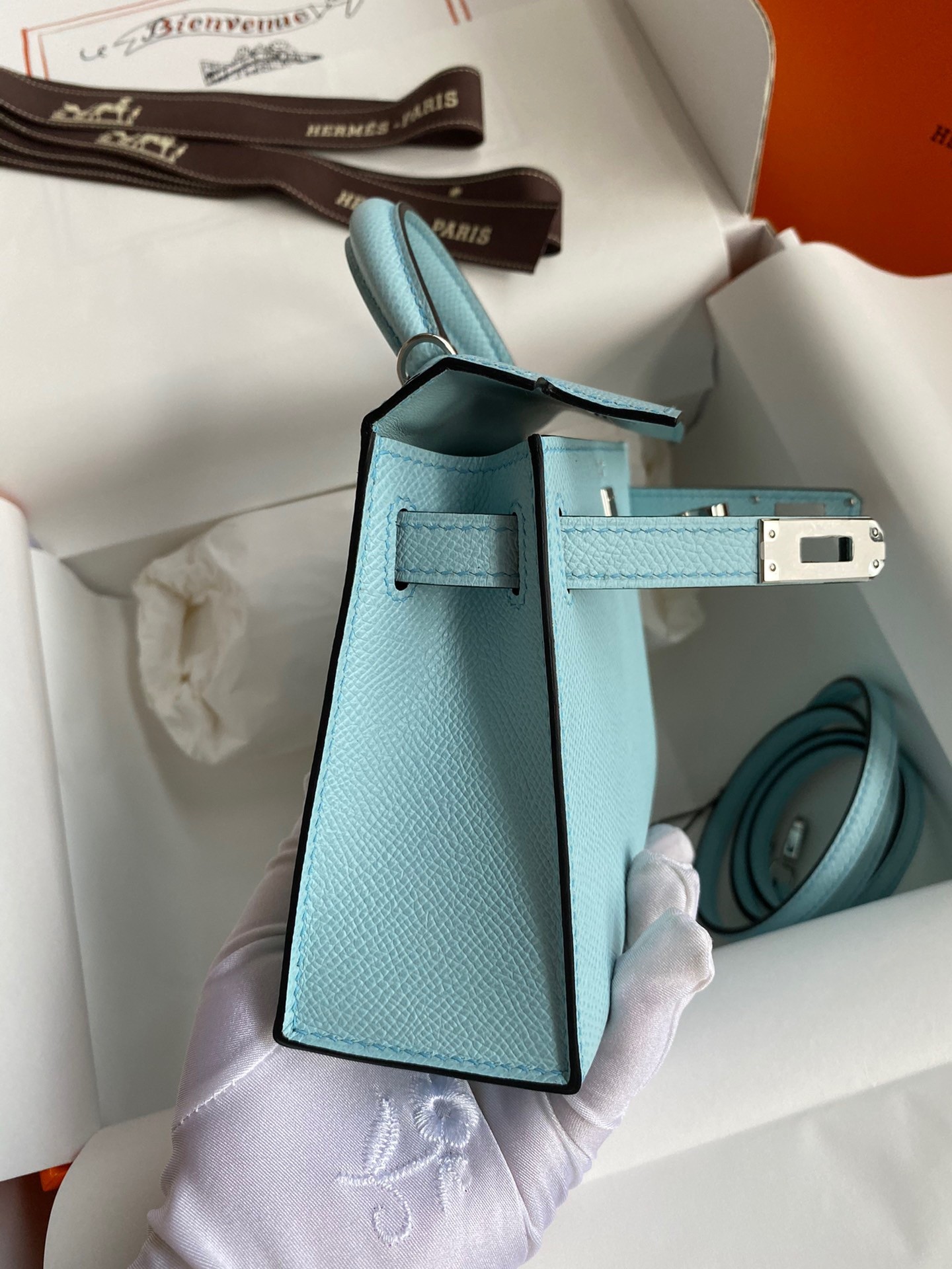 H**mes kelly mini ii sellier handmade bag in blue zephyr epsom calfskin