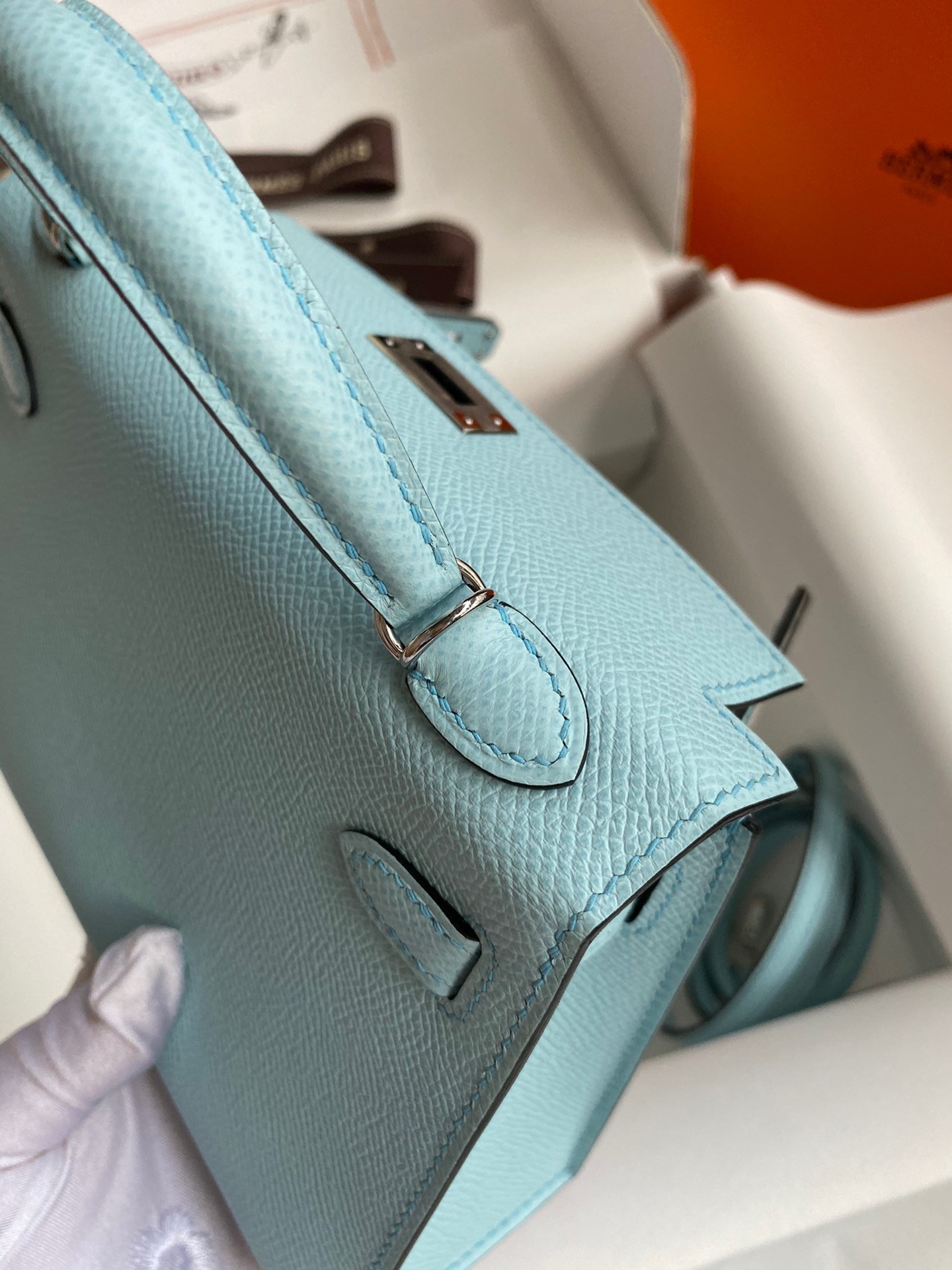 H**mes kelly mini ii sellier handmade bag in blue zephyr epsom calfskin