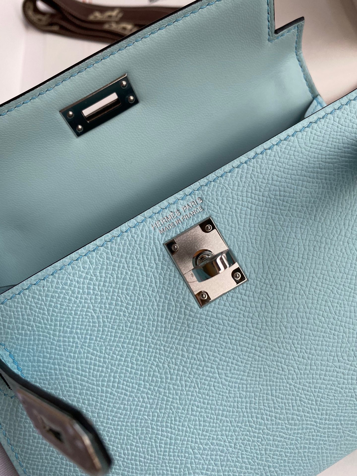 H**mes kelly mini ii sellier handmade bag in blue zephyr epsom calfskin