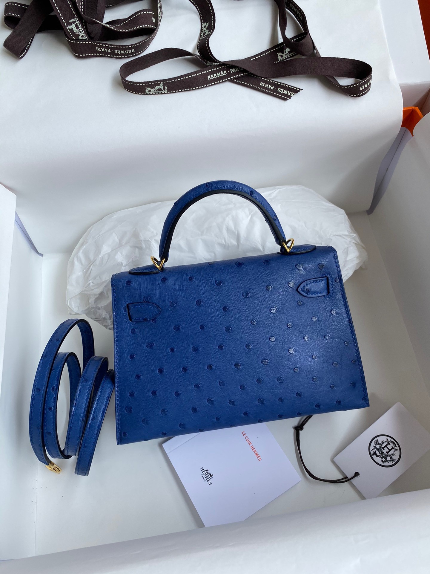 H**mes kelly mini ii sellier handmade bag in blue electric ostrich leather