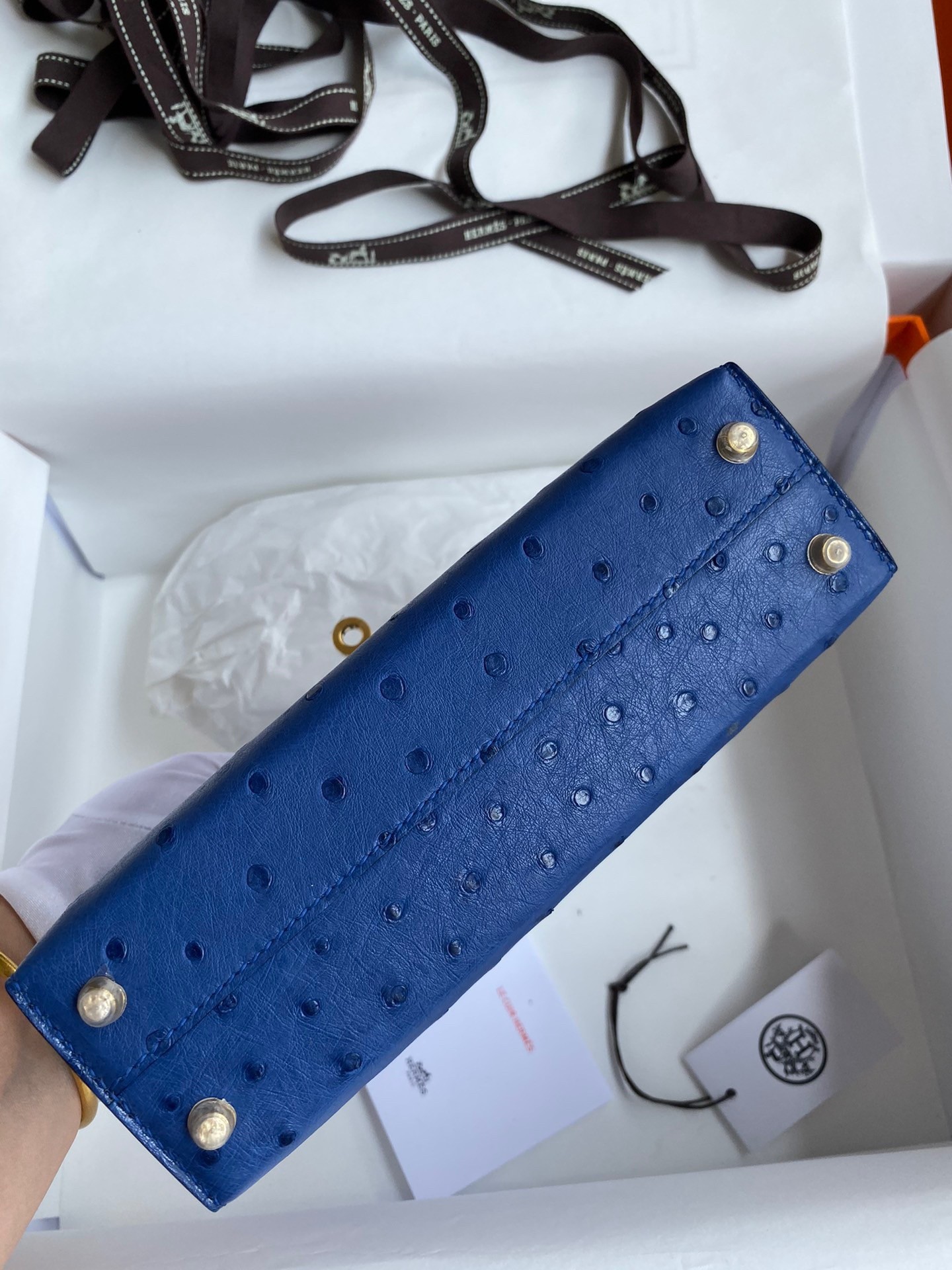 H**mes kelly mini ii sellier handmade bag in blue electric ostrich leather
