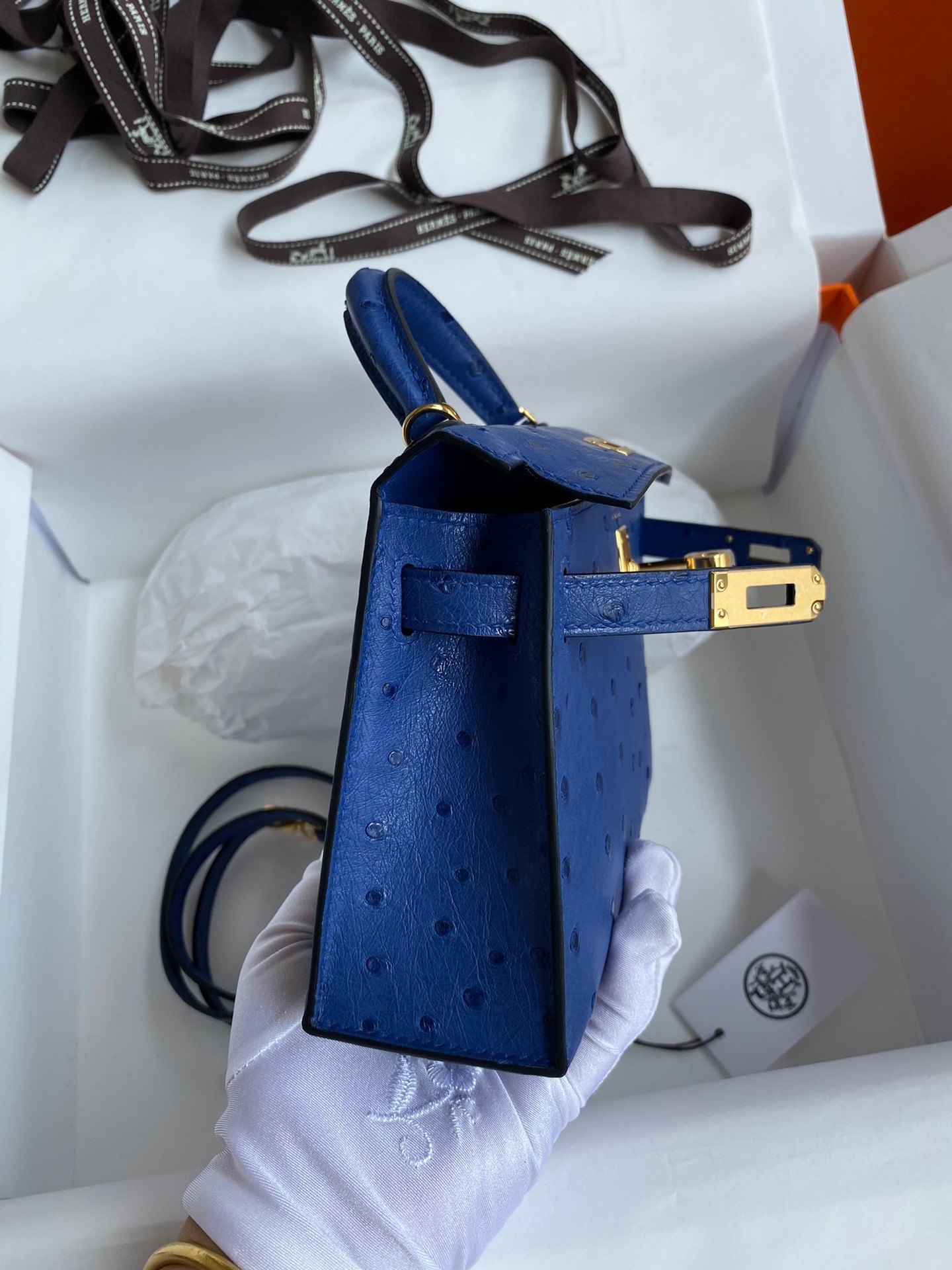 H**mes kelly mini ii sellier handmade bag in blue electric ostrich leather