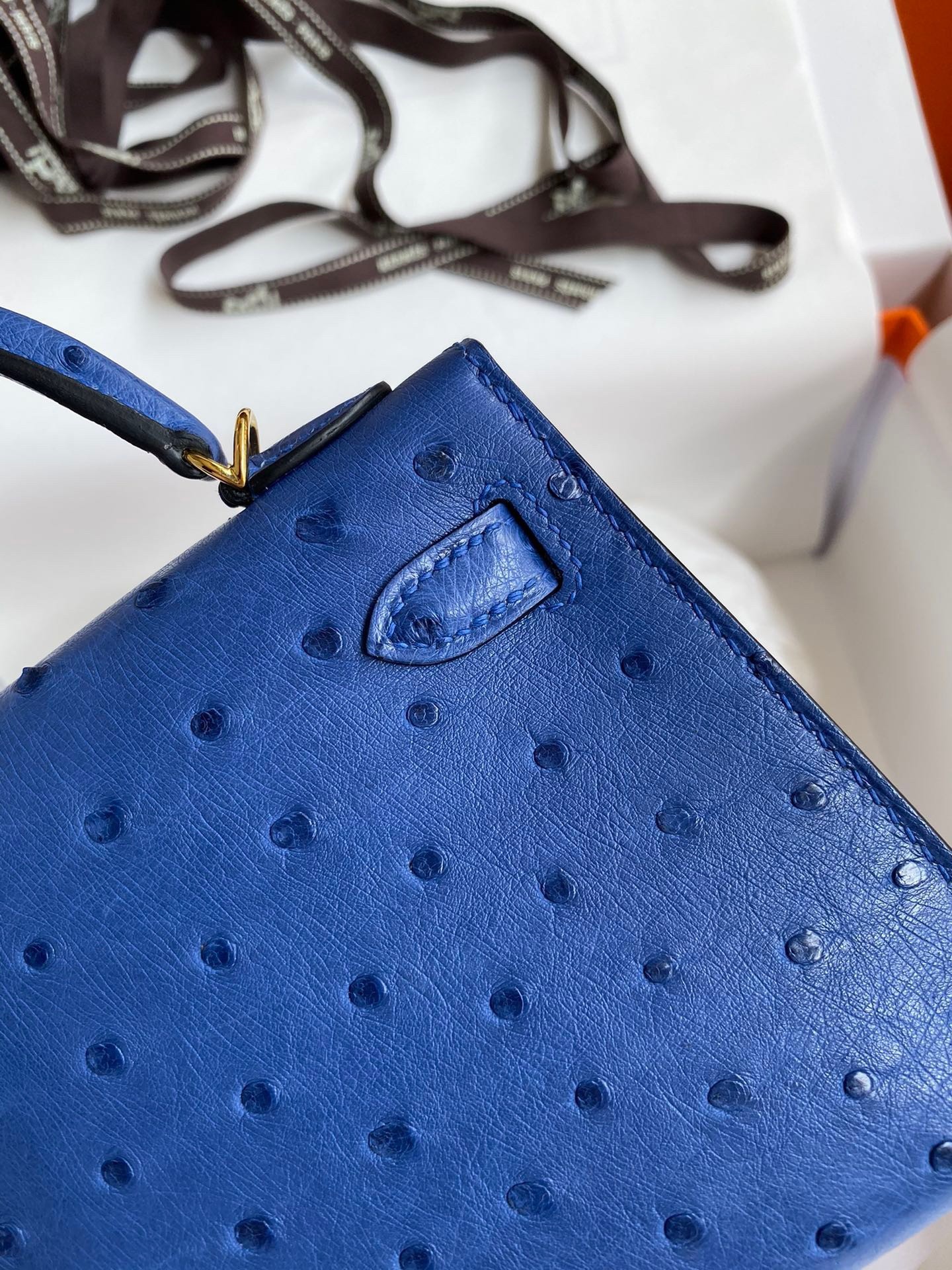 H**mes kelly mini ii sellier handmade bag in blue electric ostrich leather