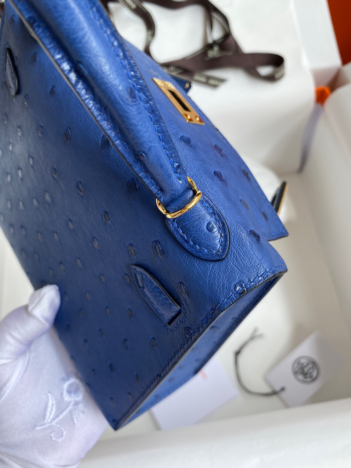H**mes kelly mini ii sellier handmade bag in blue electric ostrich leather
