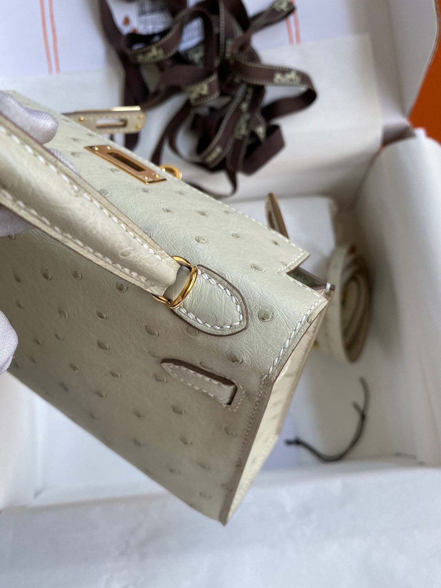 H**mes kelly mini ii sellier handmade bag in beton ostrich leather