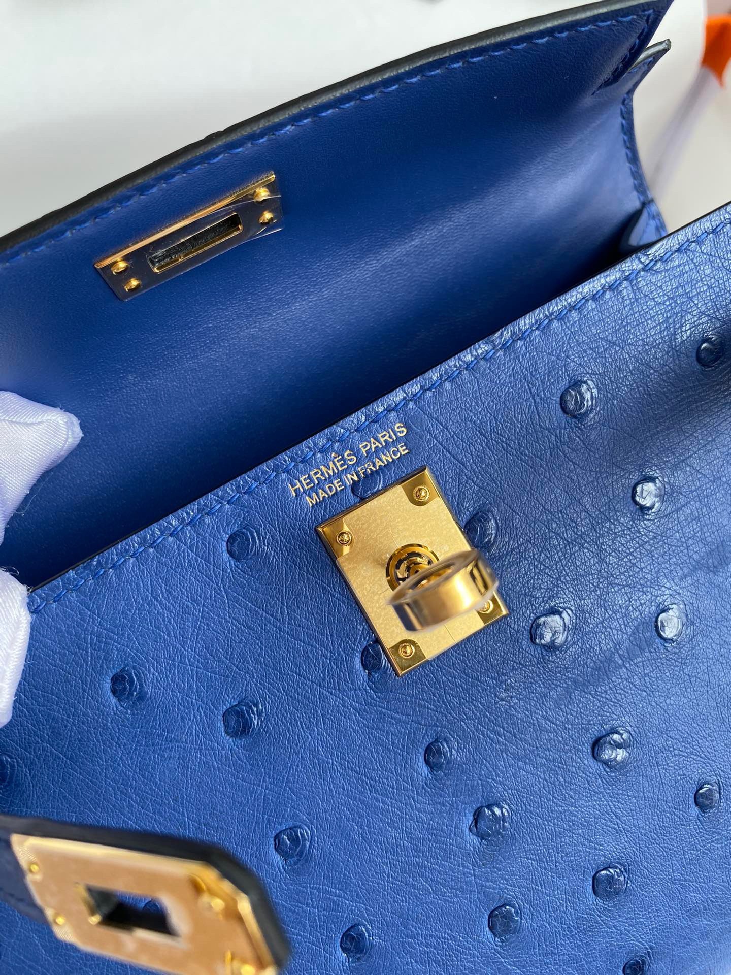 H**mes kelly mini ii sellier handmade bag in blue electric ostrich leather