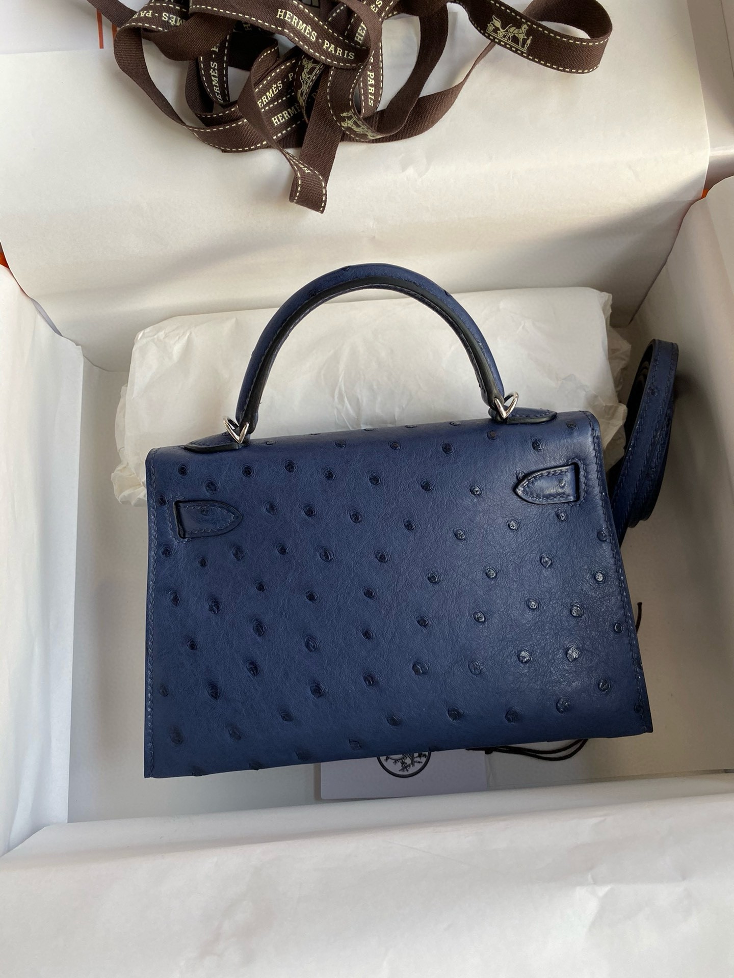 H**mes kelly mini ii sellier handmade bag in blue iris ostrich leather