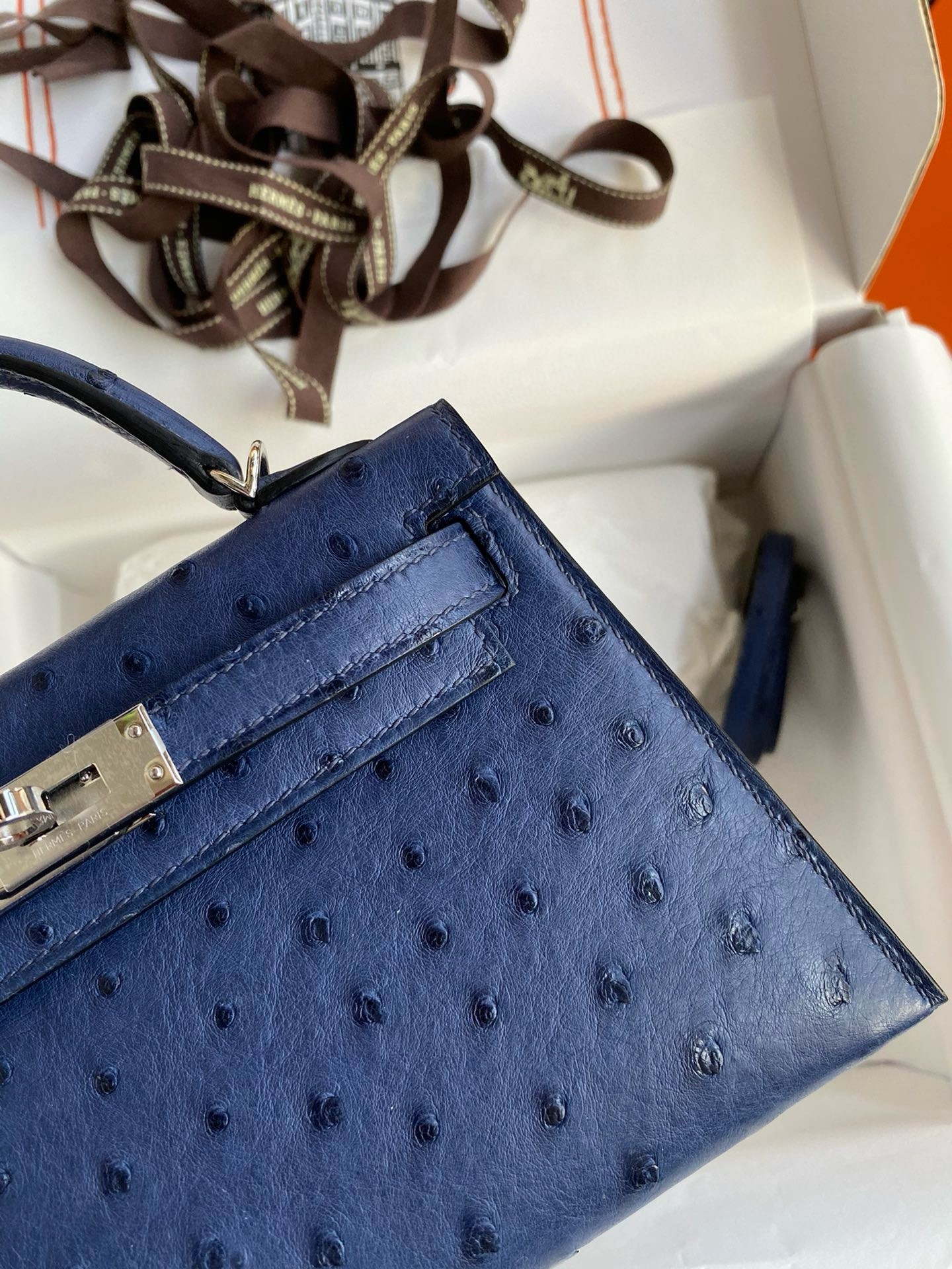 H**mes kelly mini ii sellier handmade bag in blue iris ostrich leather