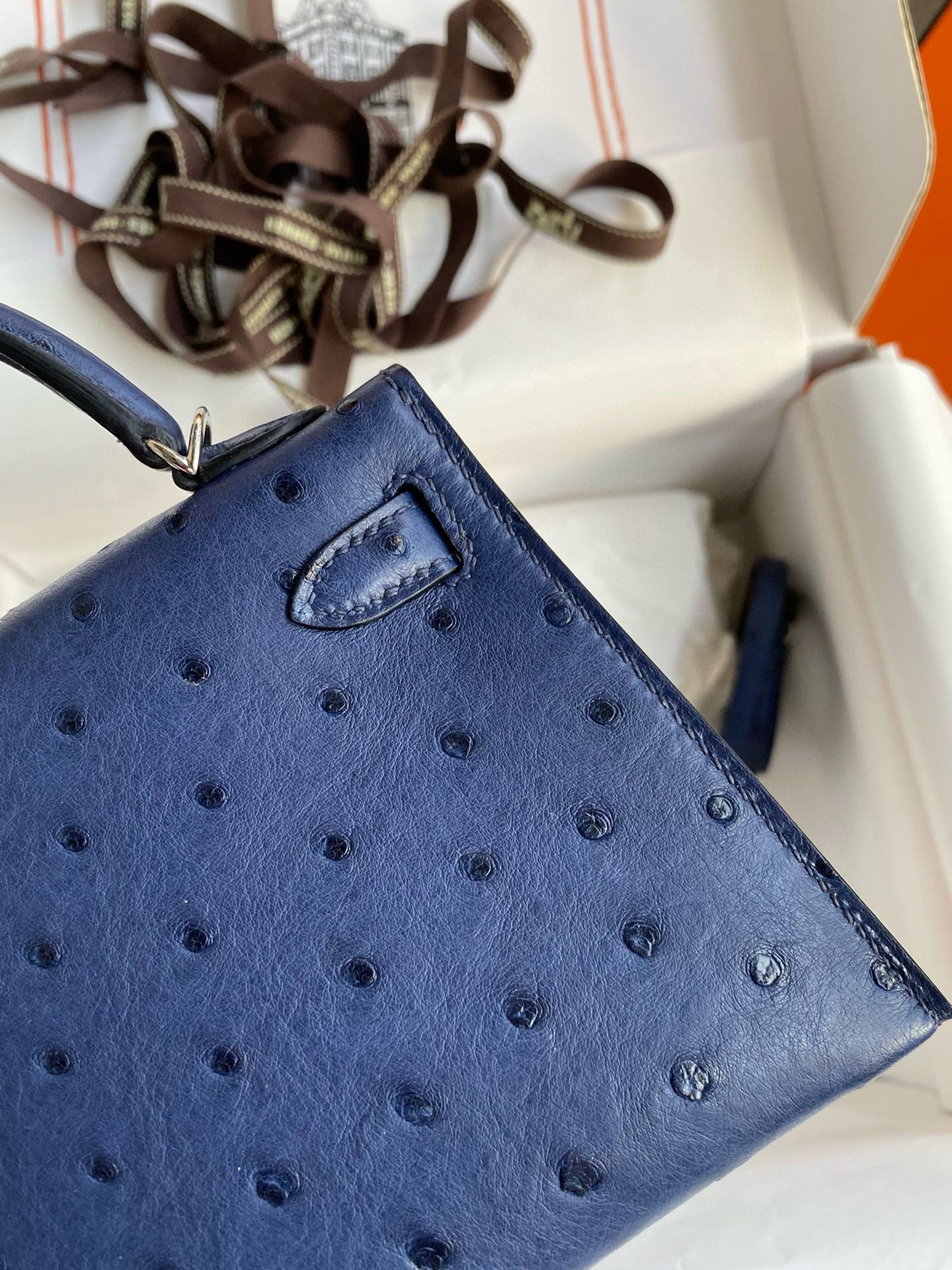 H**mes kelly mini ii sellier handmade bag in blue iris ostrich leather