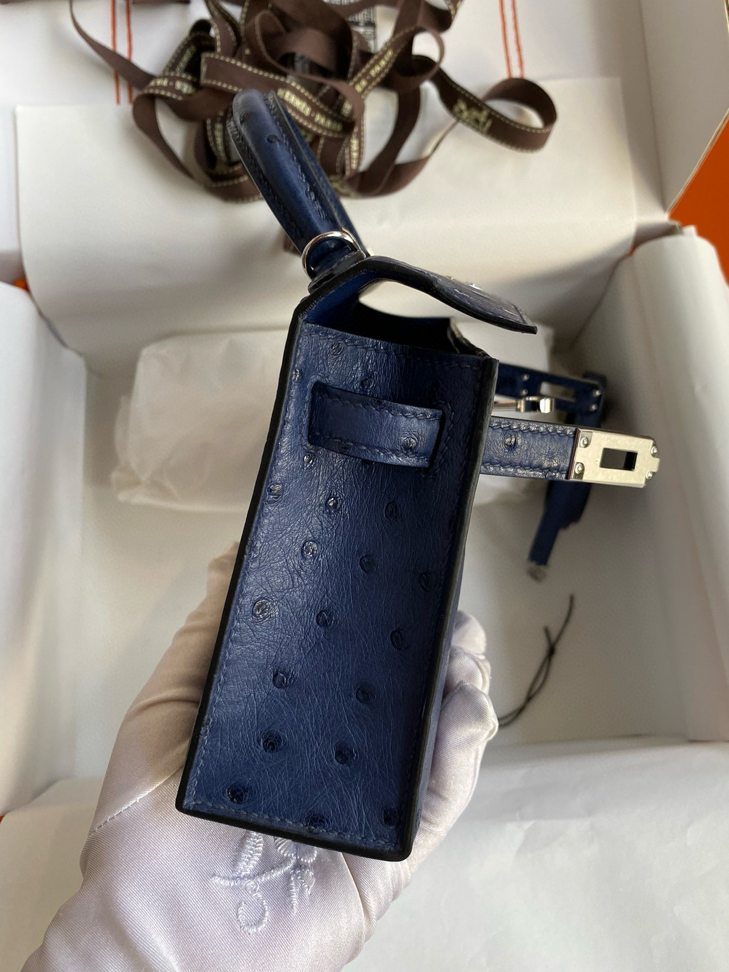 H**mes kelly mini ii sellier handmade bag in blue iris ostrich leather