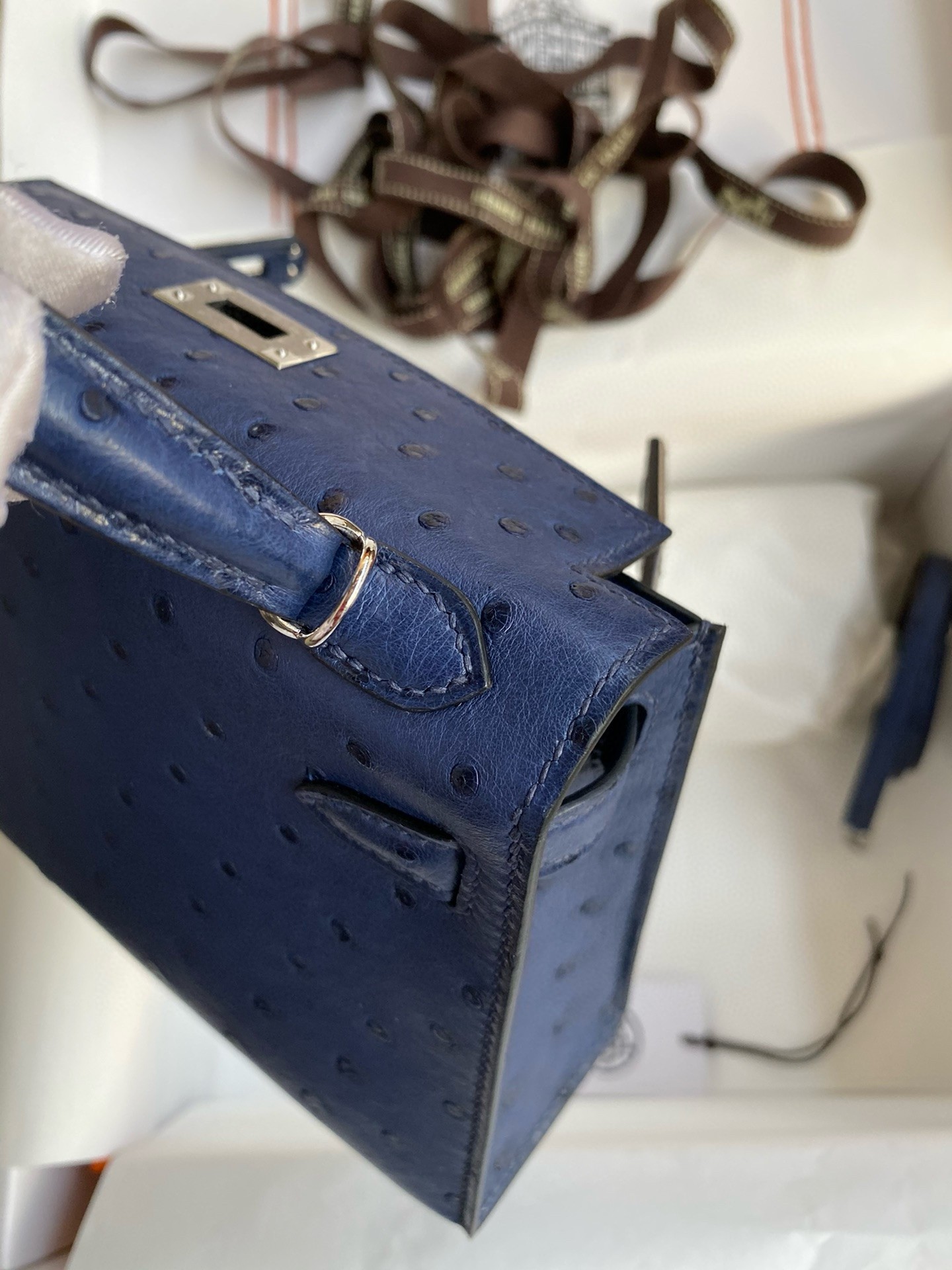 H**mes kelly mini ii sellier handmade bag in blue iris ostrich leather