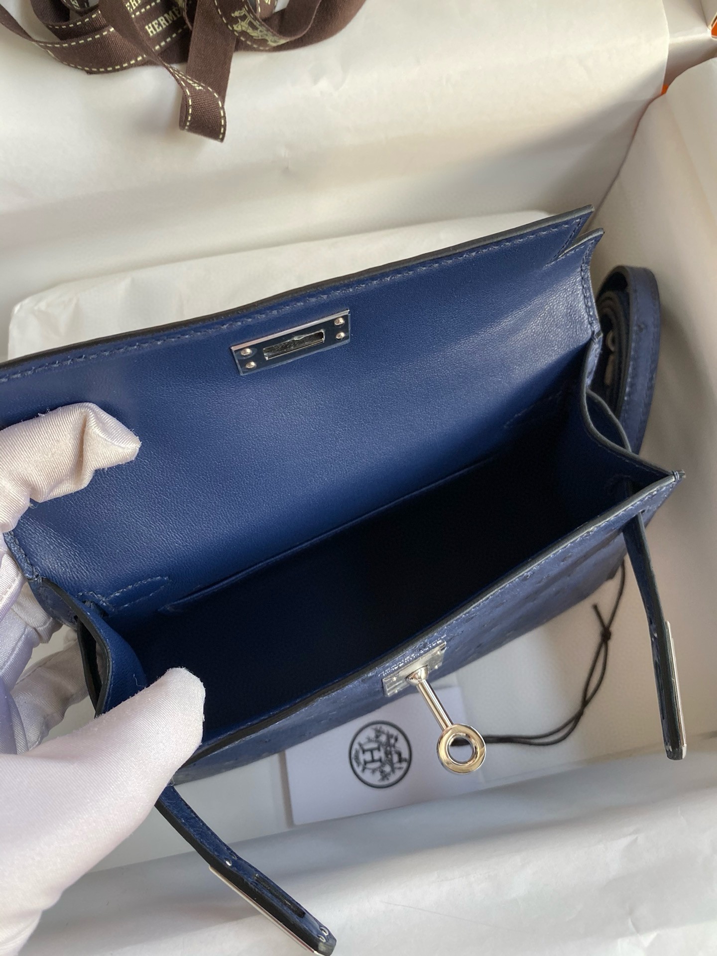 H**mes kelly mini ii sellier handmade bag in blue iris ostrich leather