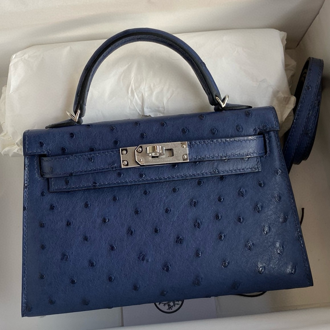 H**mes kelly mini ii sellier handmade bag in blue iris ostrich leather