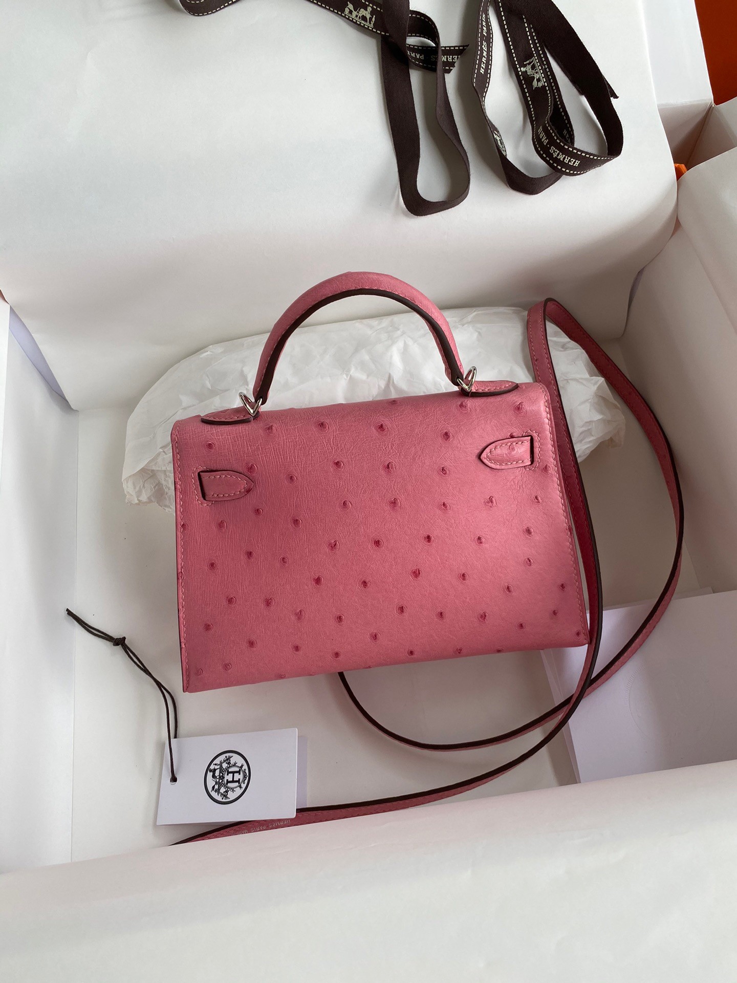 H**mes kelly mini ii sellier handmade bag in bubblegum ostrich leather
