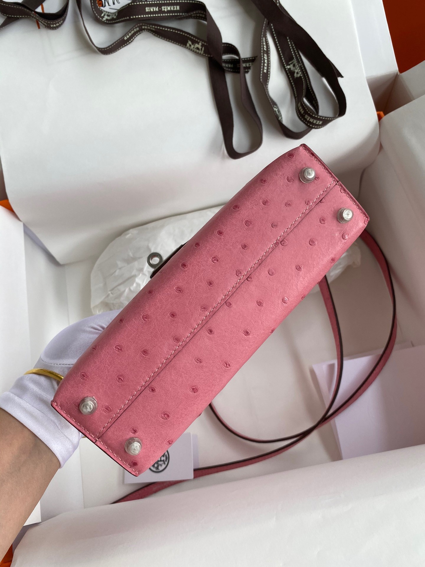 H**mes kelly mini ii sellier handmade bag in bubblegum ostrich leather