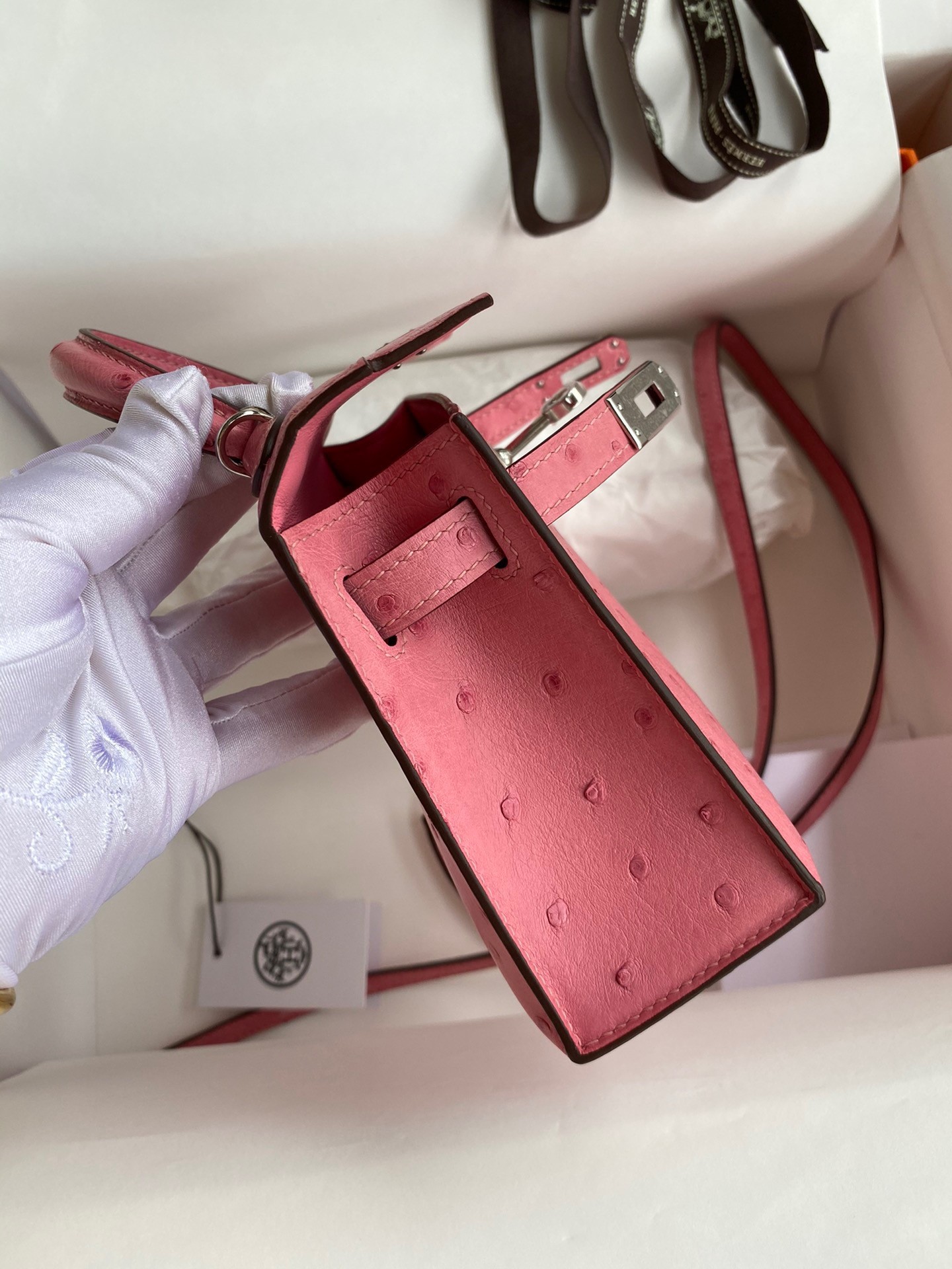 H**mes kelly mini ii sellier handmade bag in bubblegum ostrich leather