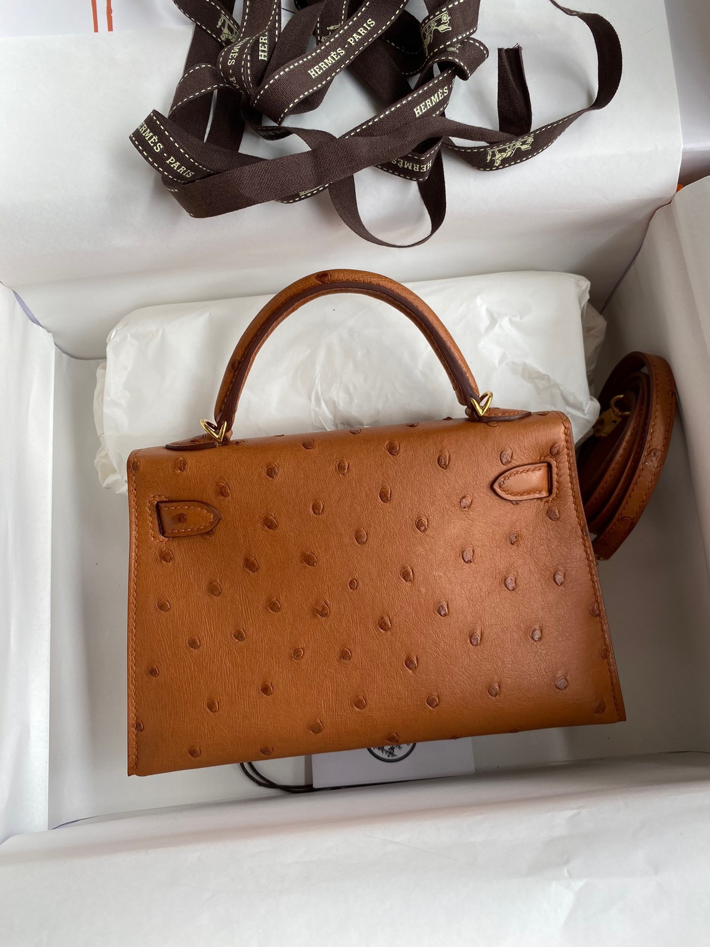 H**mes kelly mini ii sellier handmade bag in gold ostrich leather