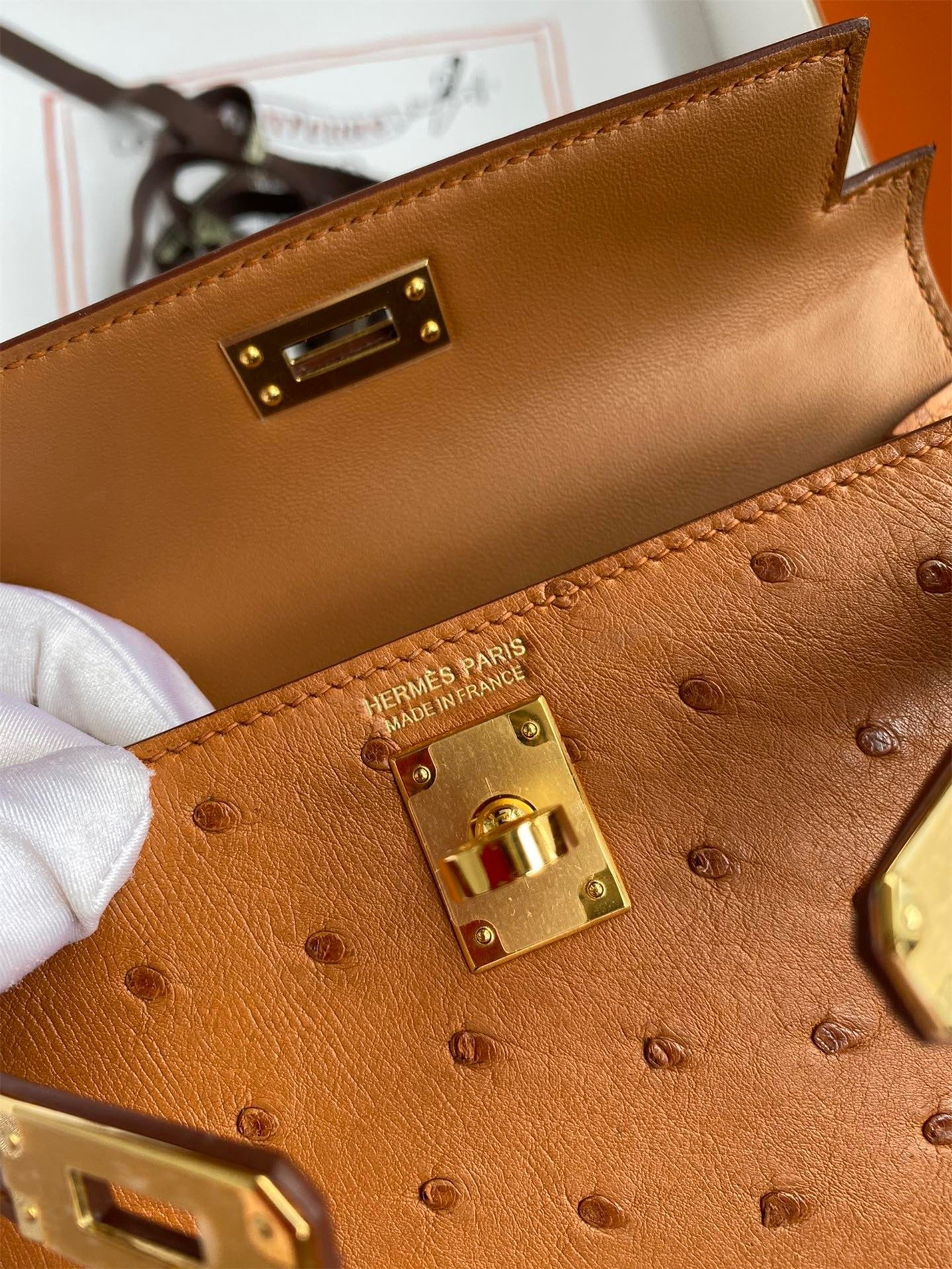 H**mes kelly mini ii sellier handmade bag in gold ostrich leather