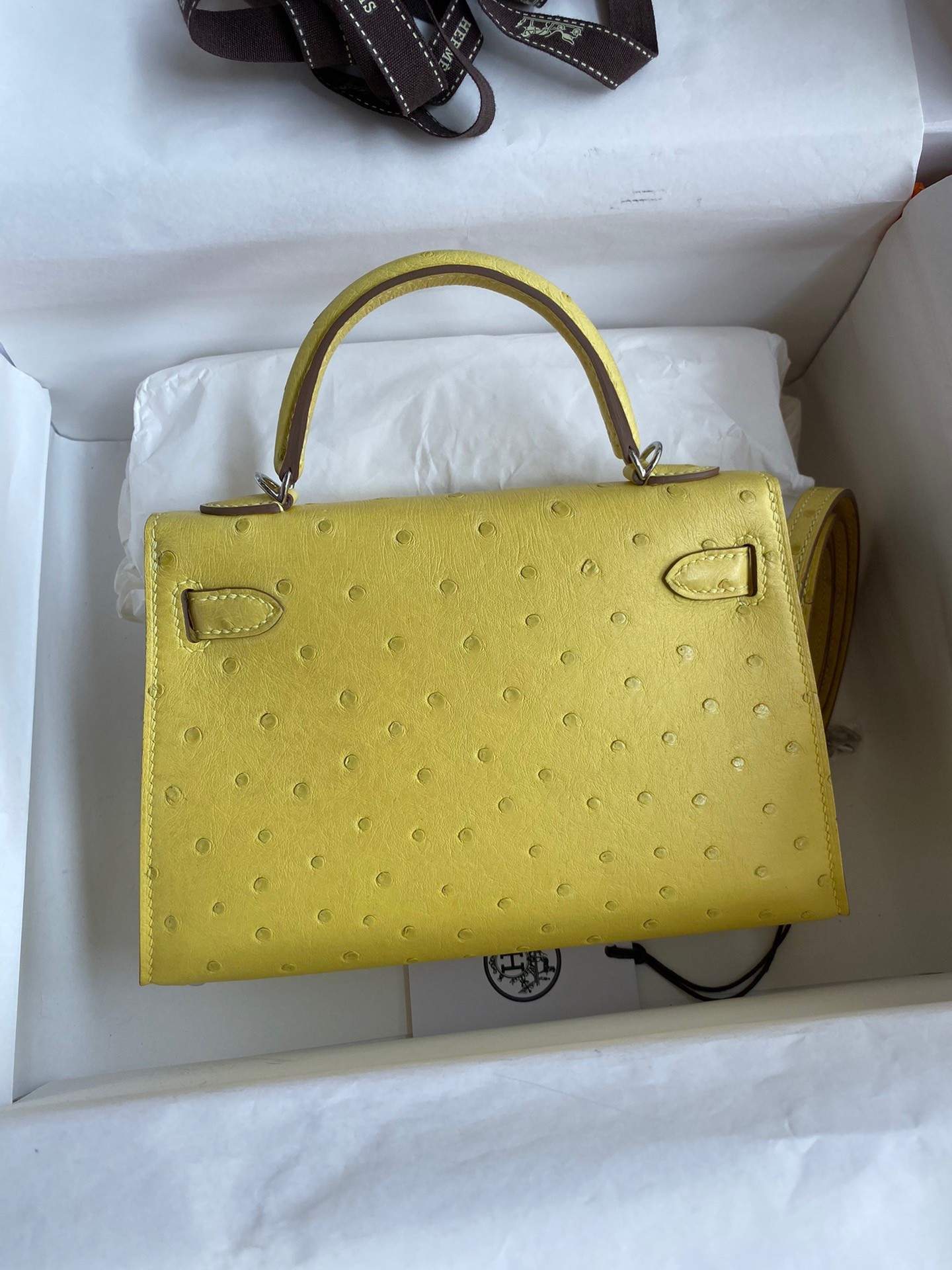H**mes kelly mini ii sellier handmade bag in lime ostrich leather