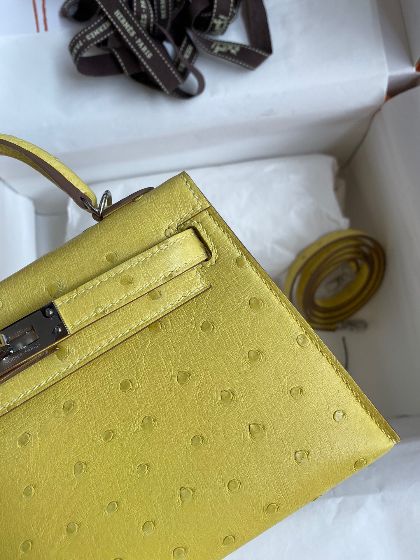 H**mes kelly mini ii sellier handmade bag in lime ostrich leather