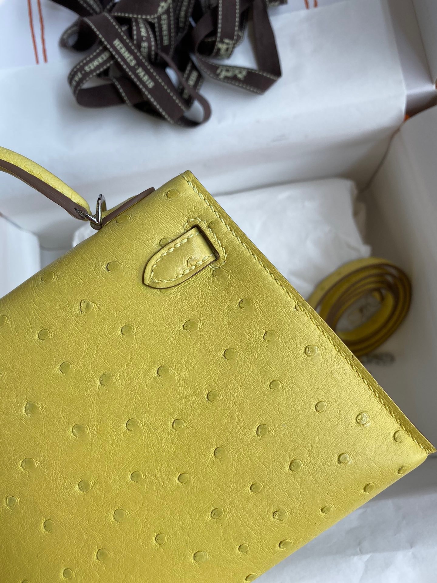 H**mes kelly mini ii sellier handmade bag in lime ostrich leather