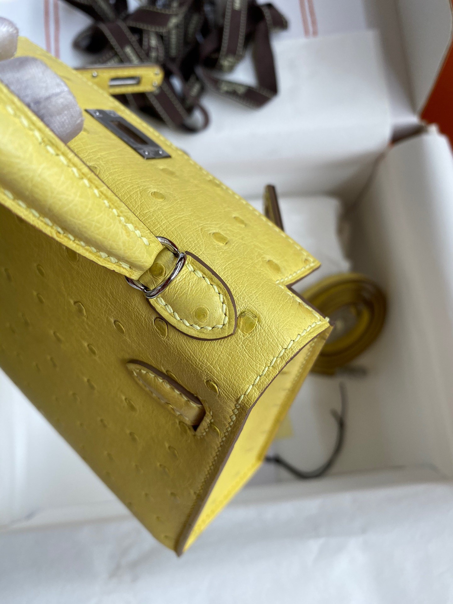 H**mes kelly mini ii sellier handmade bag in lime ostrich leather