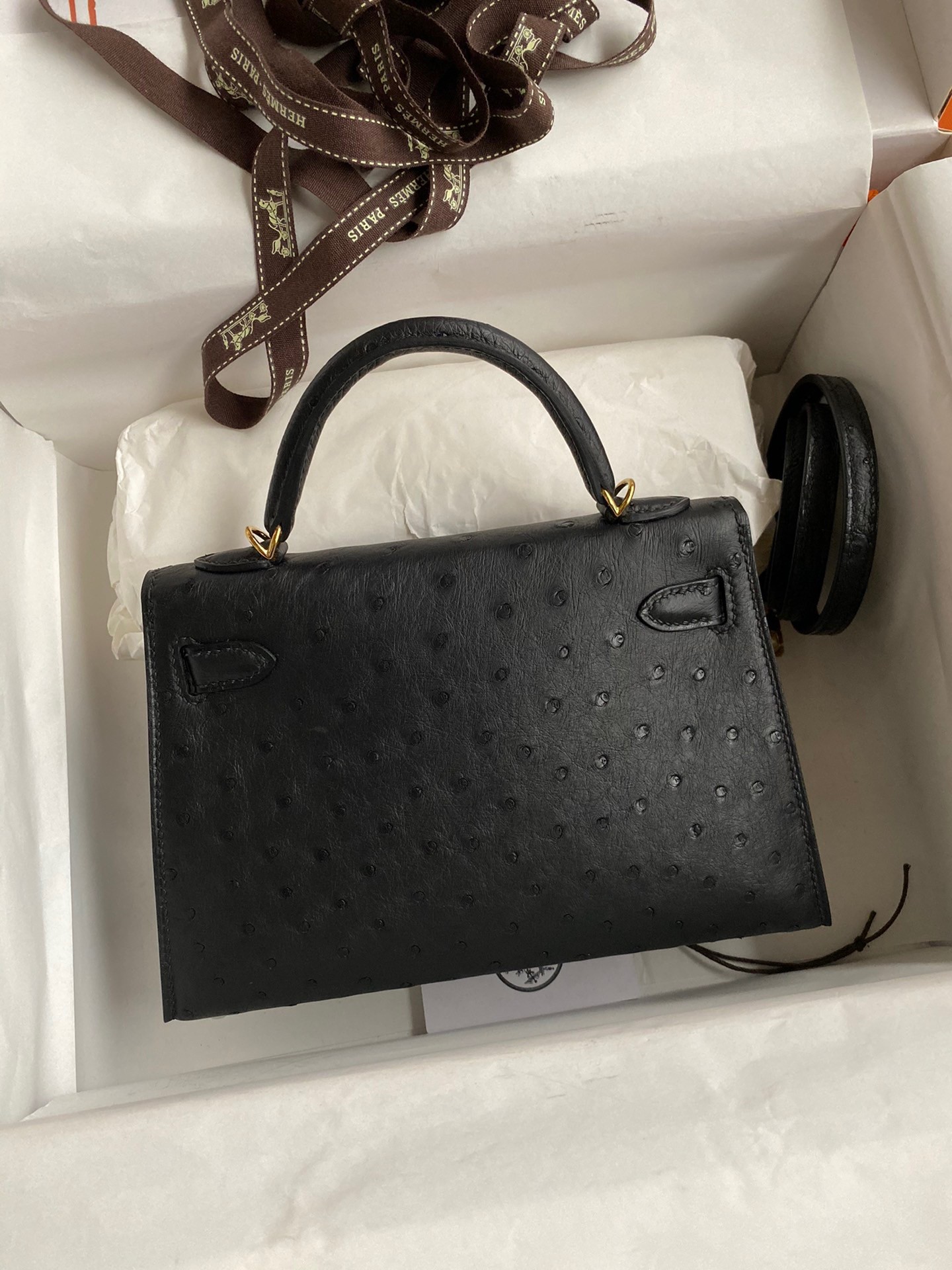 H**mes kelly mini ii sellier handmade bag in black ostrich leather