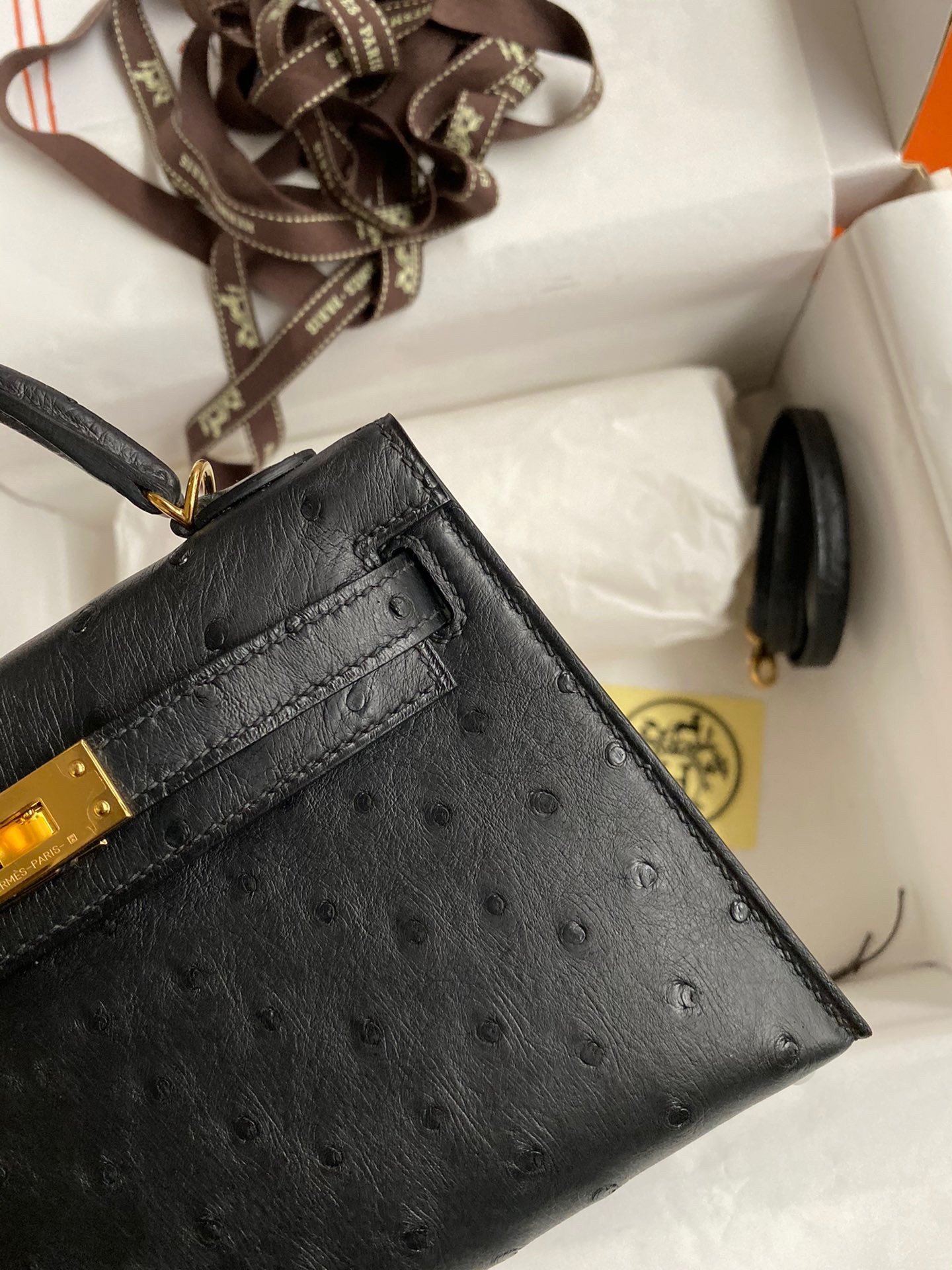 H**mes kelly mini ii sellier handmade bag in black ostrich leather