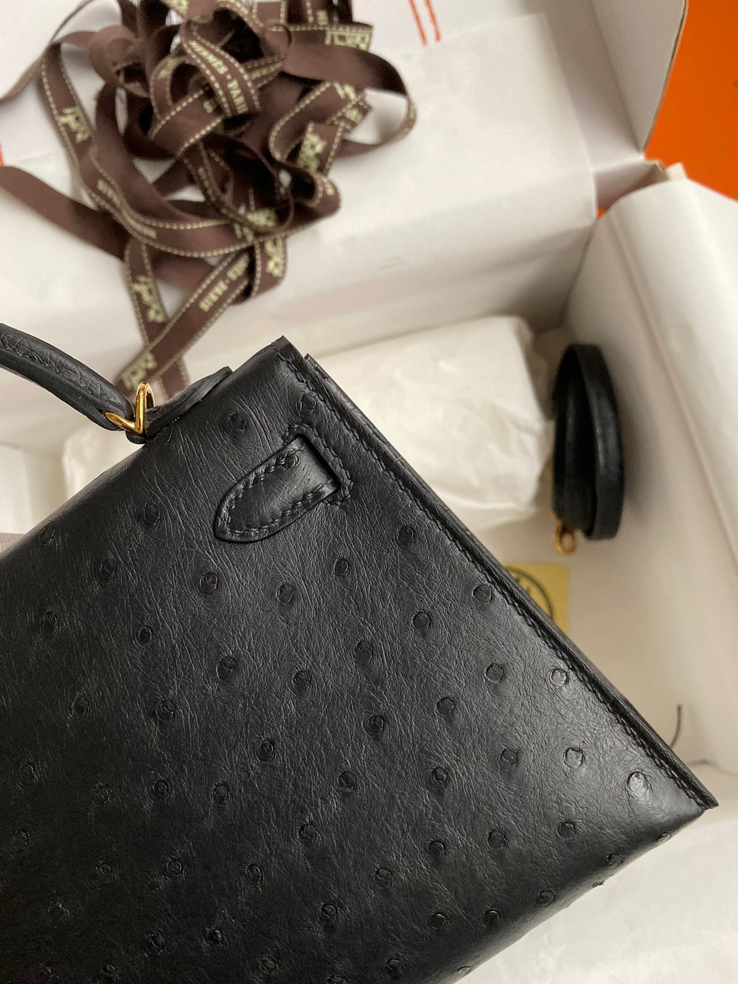 H**mes kelly mini ii sellier handmade bag in black ostrich leather