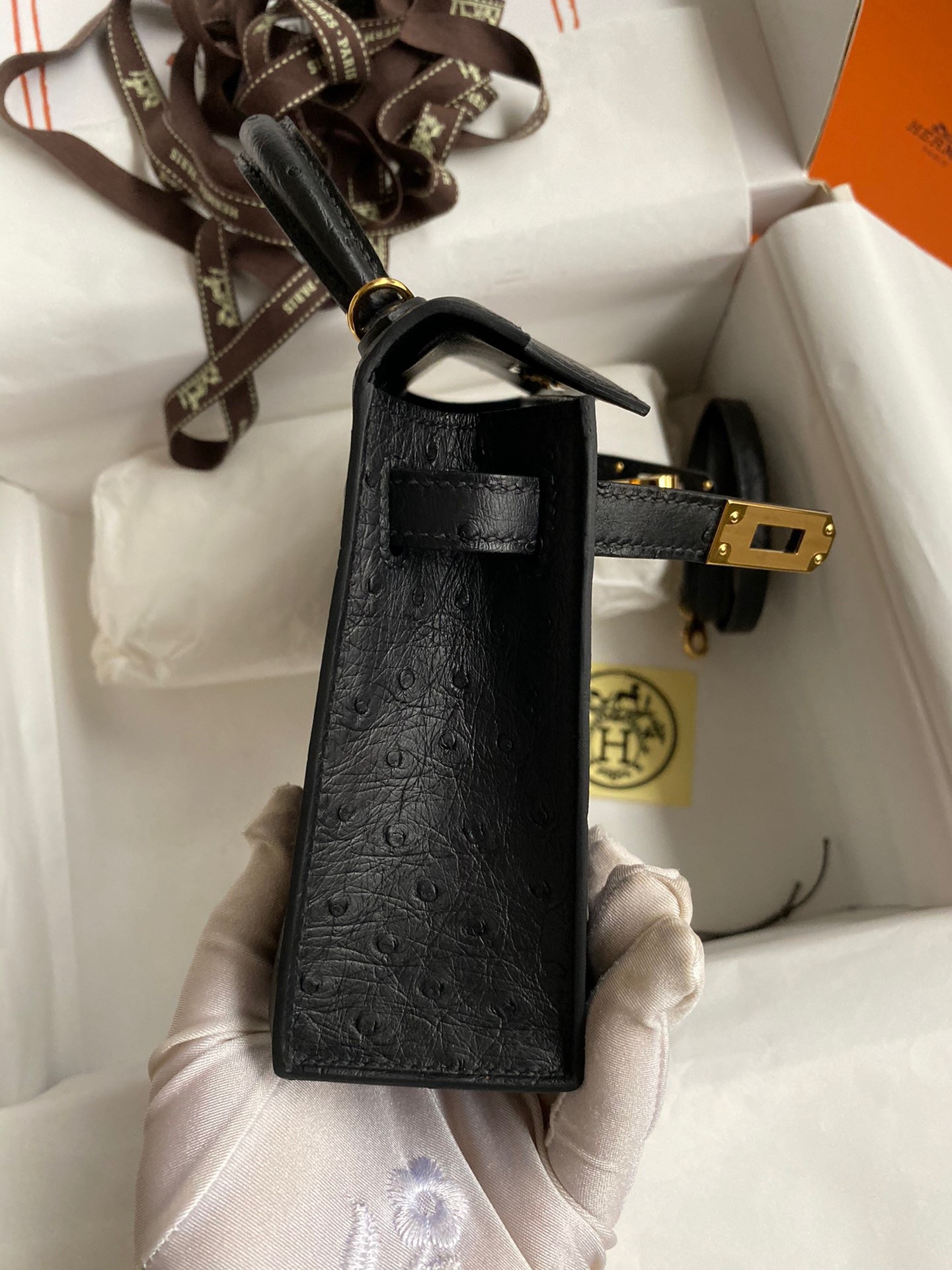 H**mes kelly mini ii sellier handmade bag in black ostrich leather