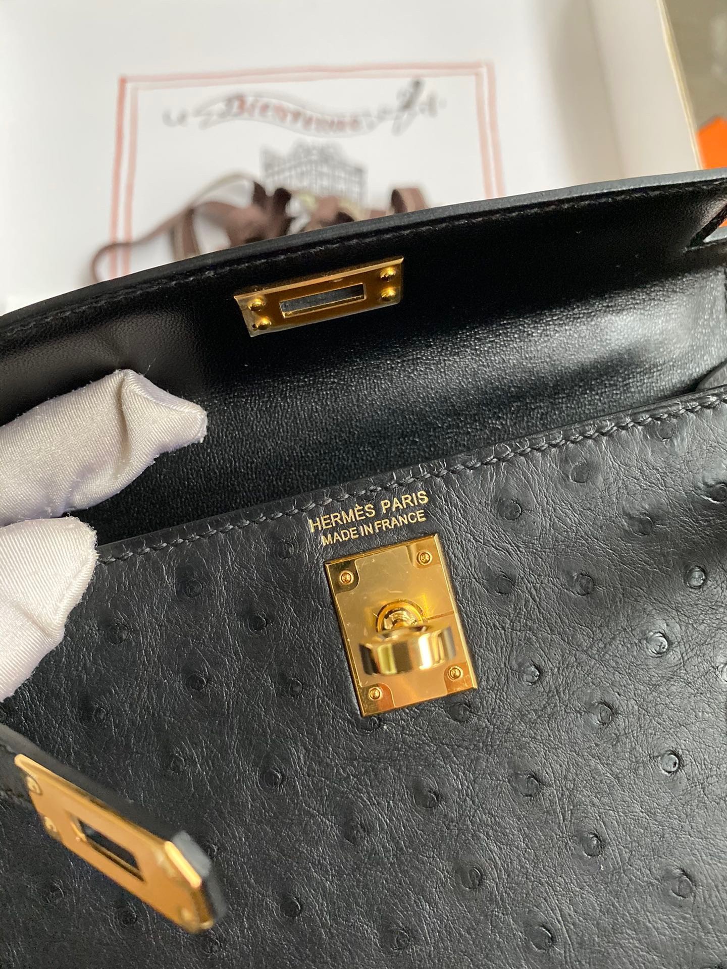 H**mes kelly mini ii sellier handmade bag in black ostrich leather
