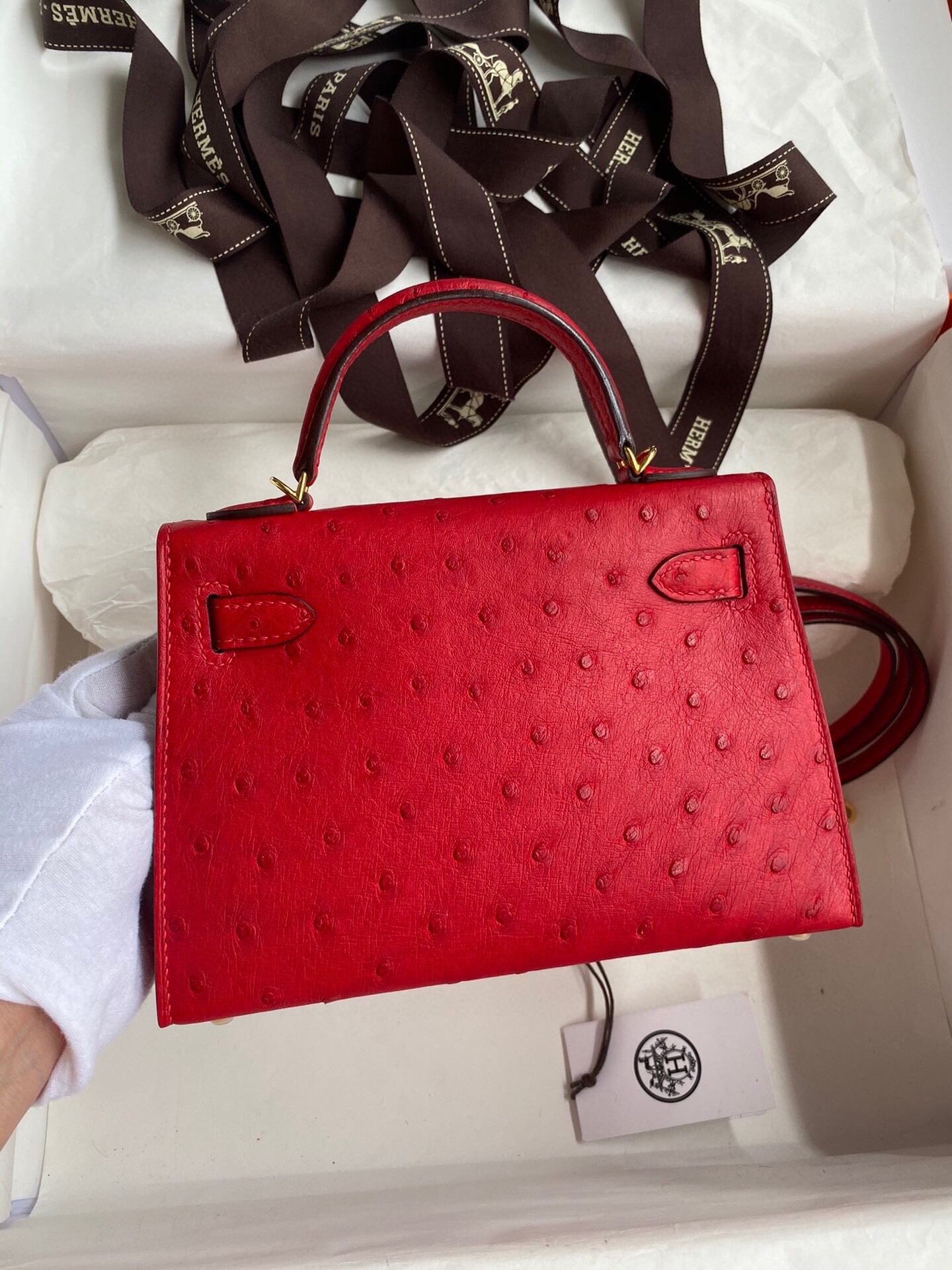 H**mes kelly mini ii sellier handmade bag in red ostrich leather