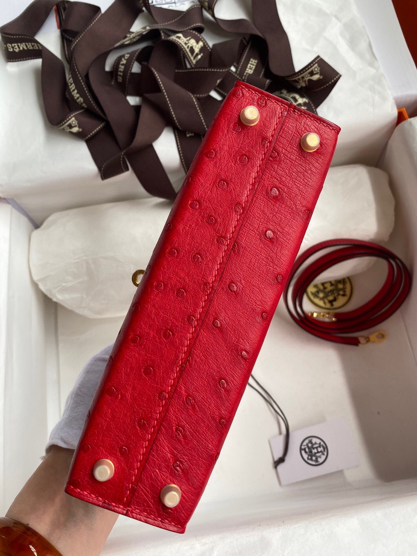 H**mes kelly mini ii sellier handmade bag in red ostrich leather