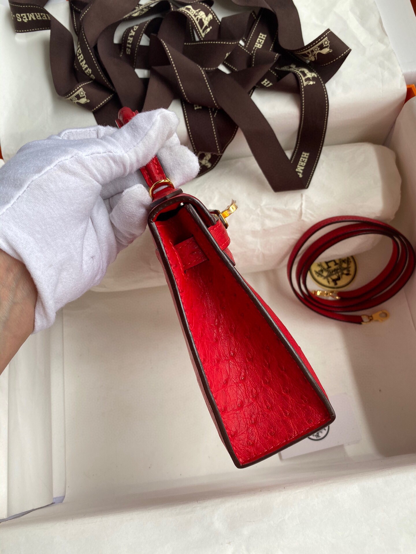 H**mes kelly mini ii sellier handmade bag in red ostrich leather