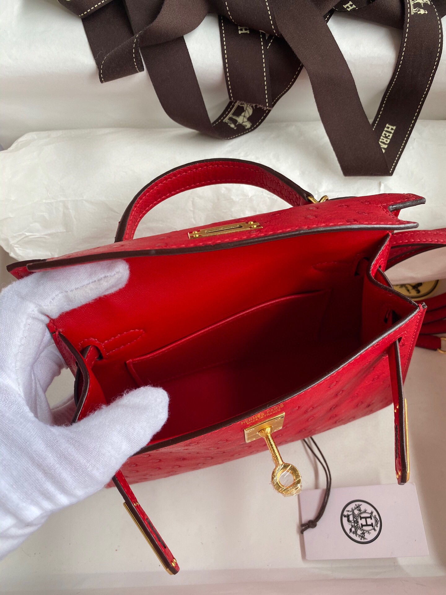 H**mes kelly mini ii sellier handmade bag in red ostrich leather
