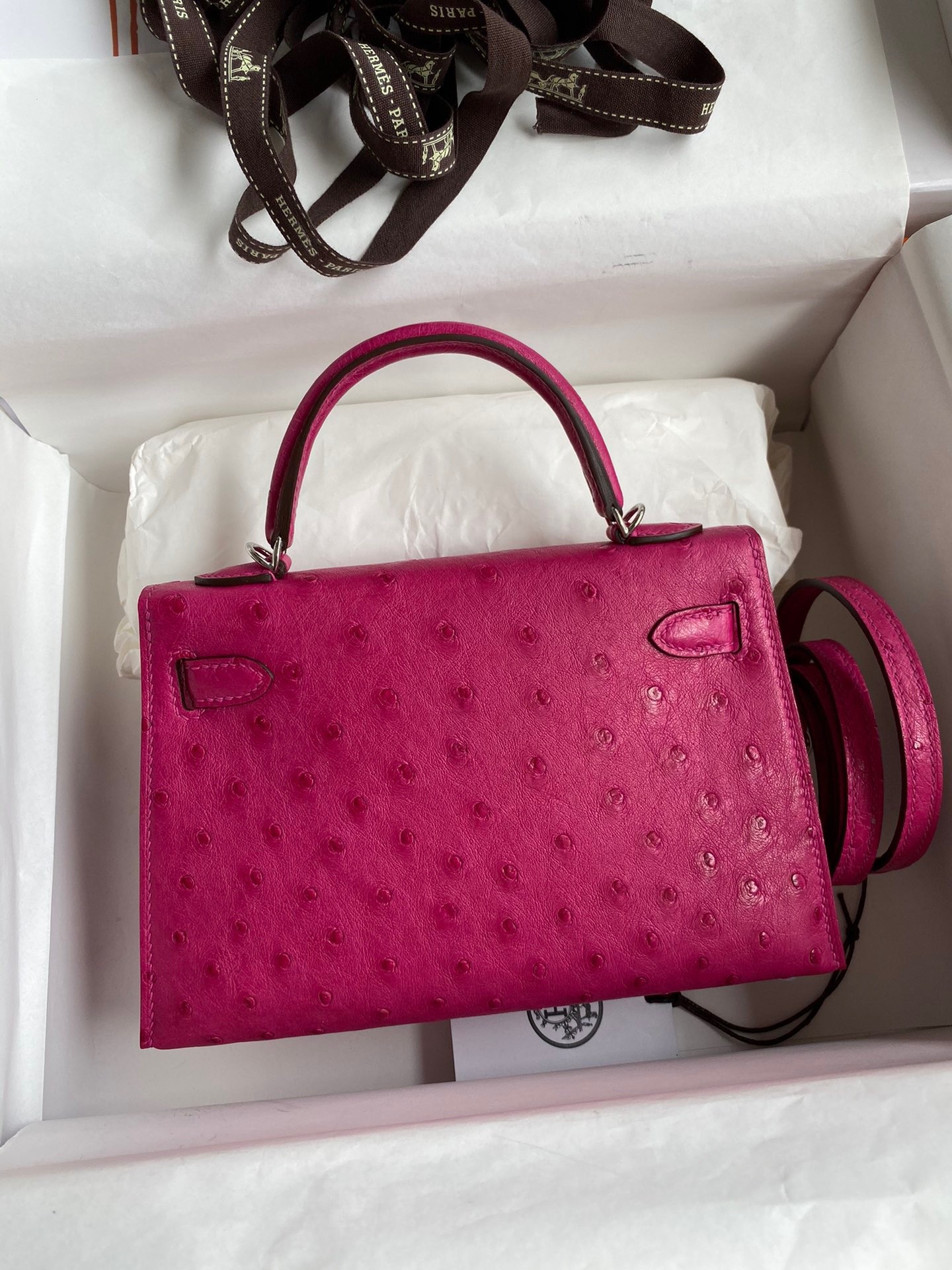 H**mes kelly mini ii sellier handmade bag in rose red ostrich leather