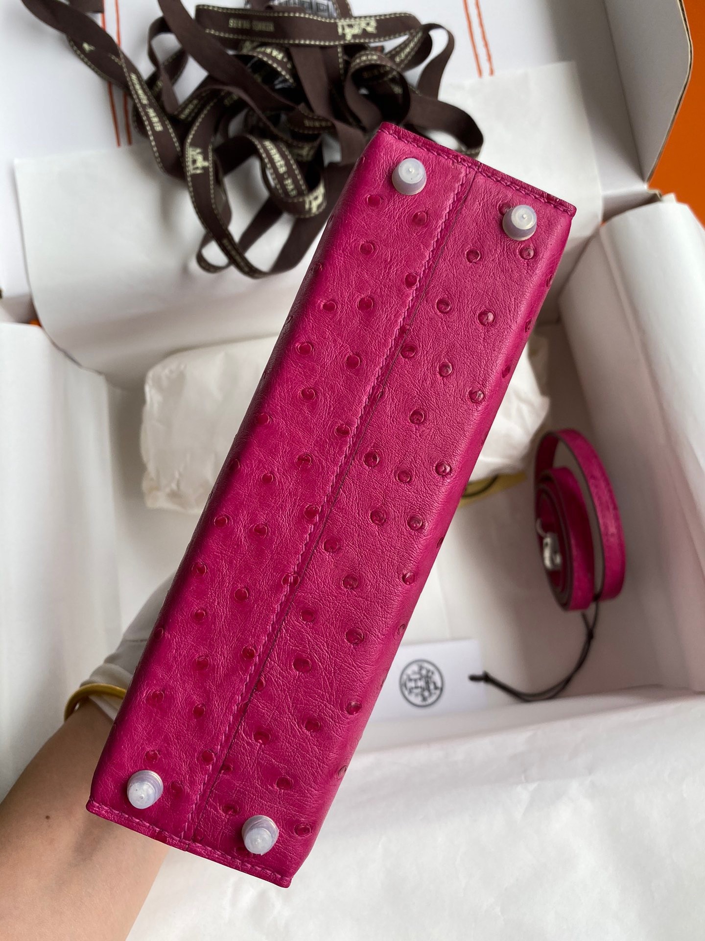 H**mes kelly mini ii sellier handmade bag in rose red ostrich leather