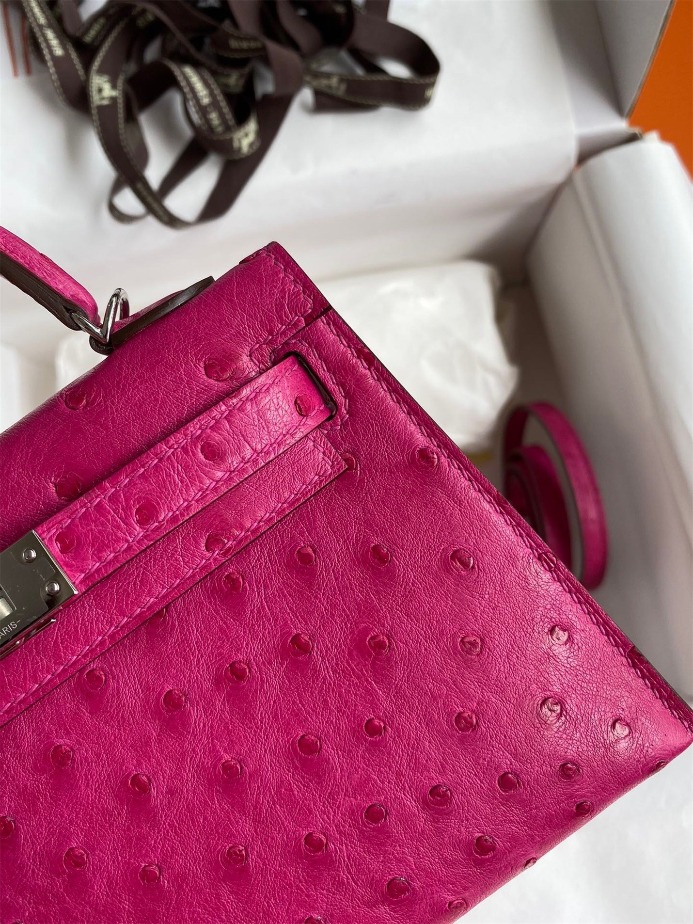 H**mes kelly mini ii sellier handmade bag in rose red ostrich leather