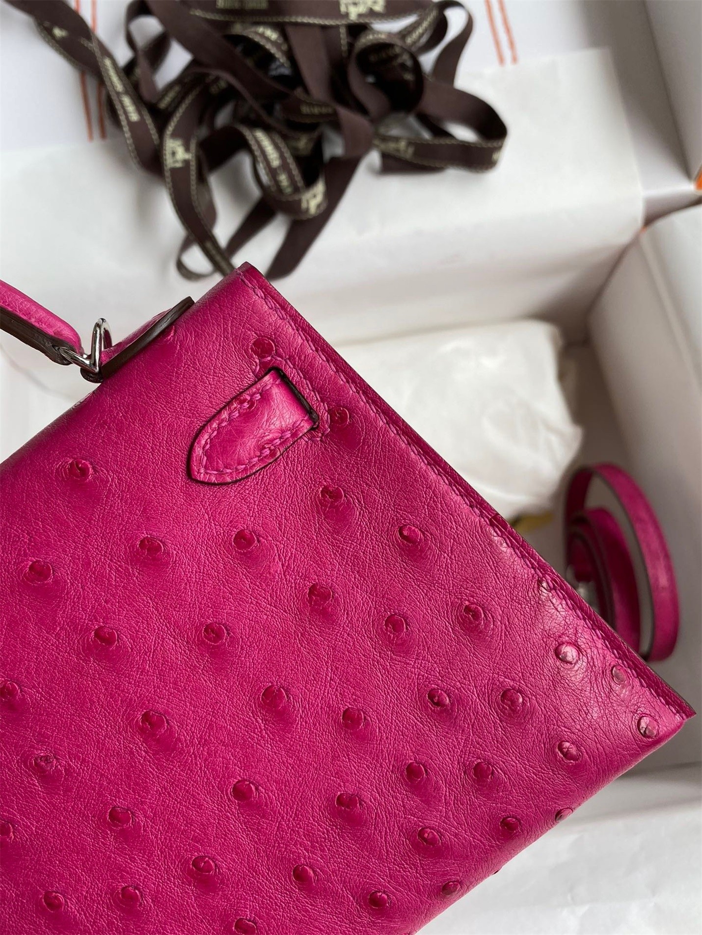 H**mes kelly mini ii sellier handmade bag in rose red ostrich leather