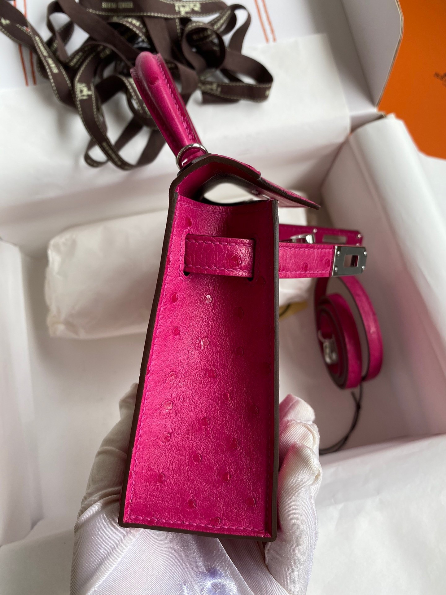 H**mes kelly mini ii sellier handmade bag in rose red ostrich leather