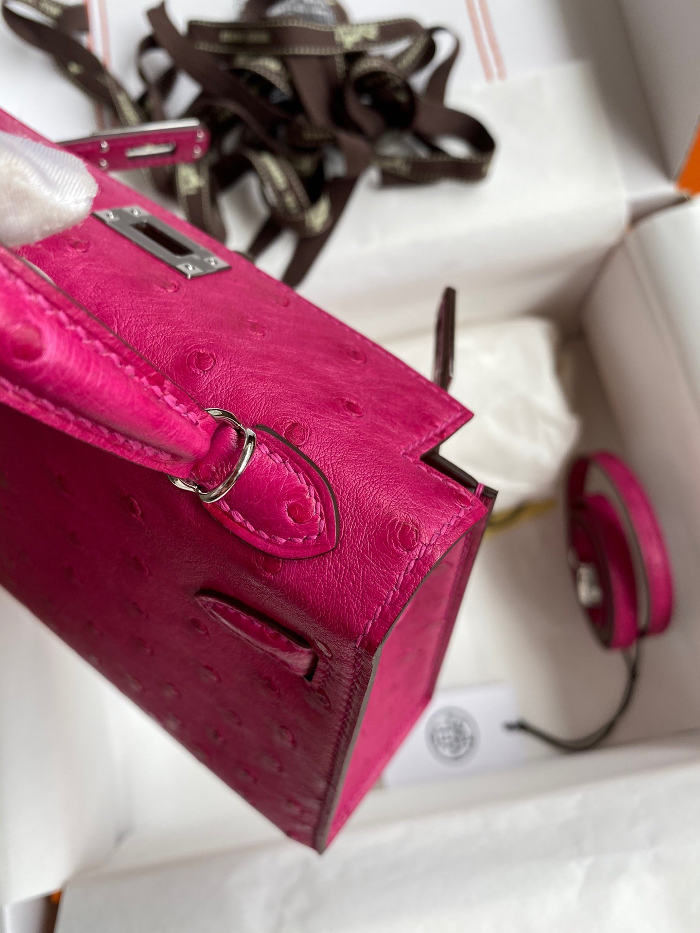 H**mes kelly mini ii sellier handmade bag in rose red ostrich leather