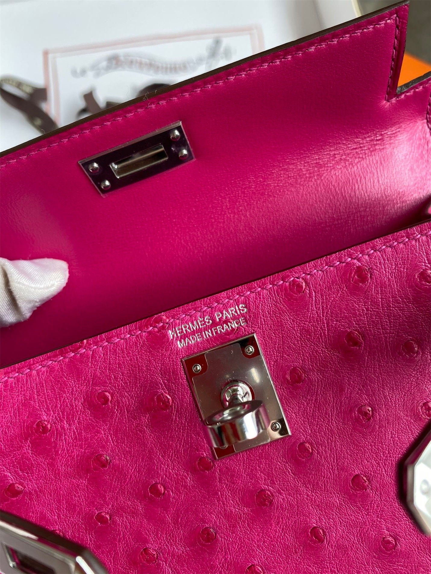 H**mes kelly mini ii sellier handmade bag in rose red ostrich leather