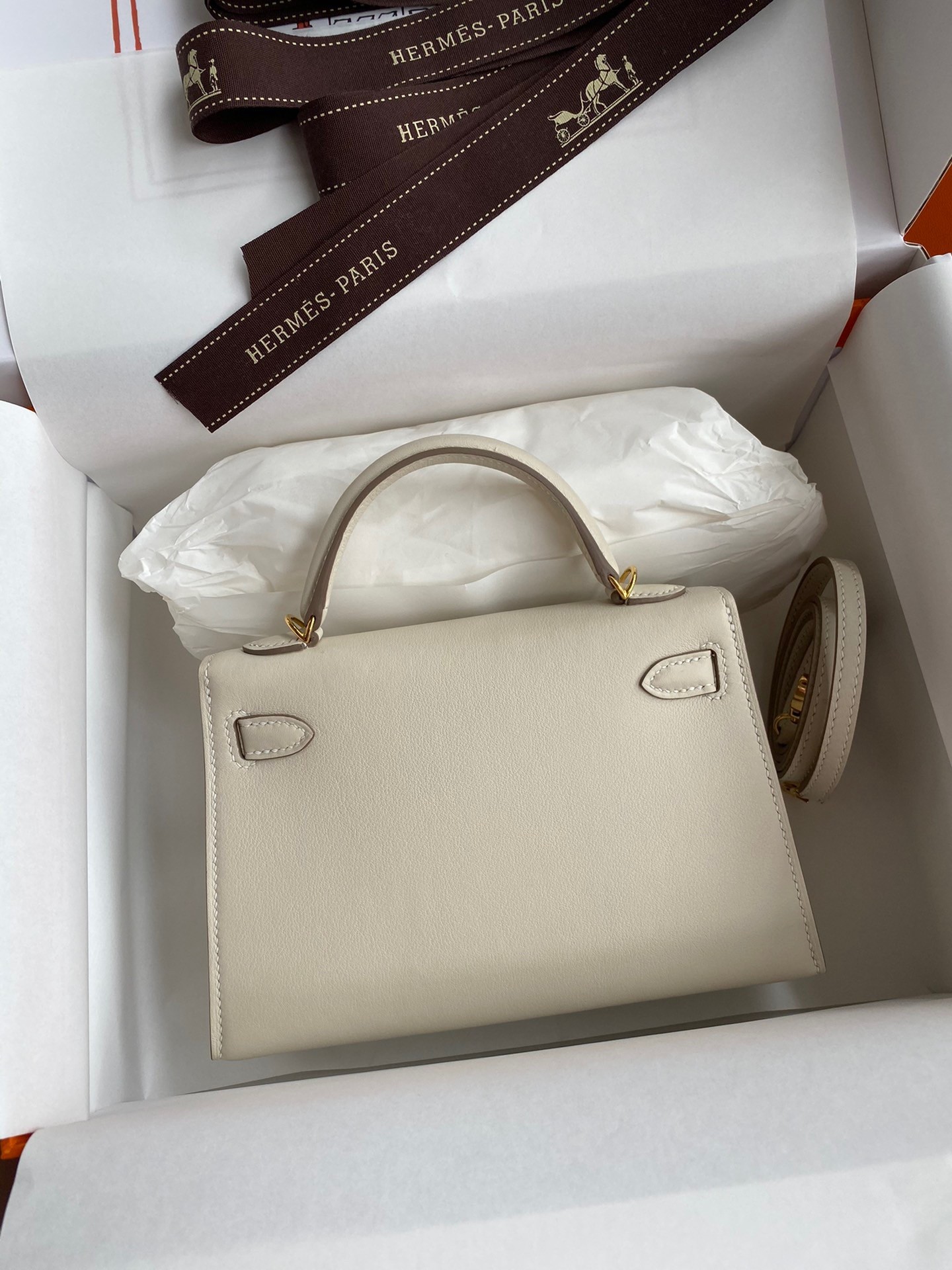 H**mes kelly mini ii sellier handmade bag in craie swift calfskin