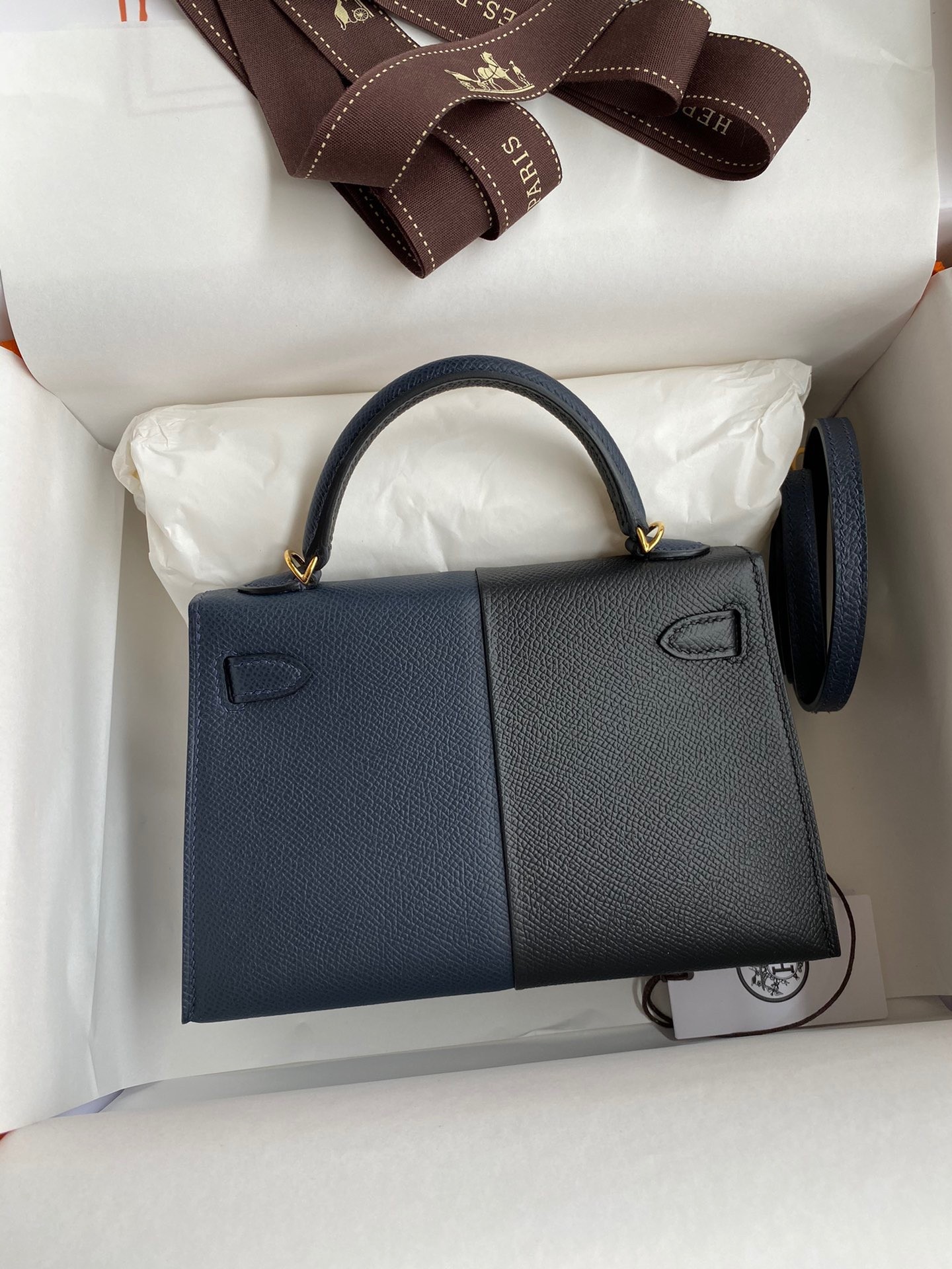 H**mes kelly mini ii sellier tri-color bag in black/blue indigo/red calfskin