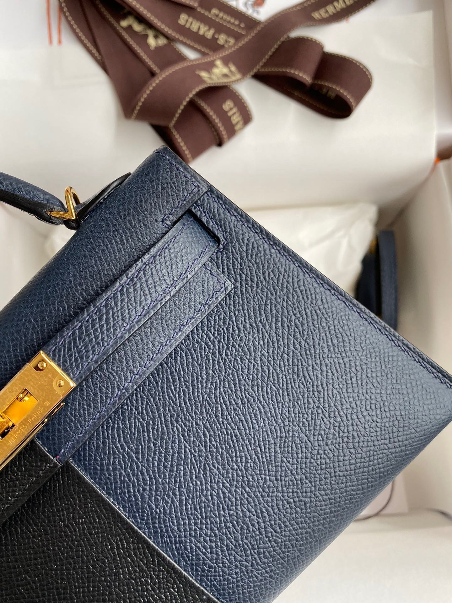 H**mes kelly mini ii sellier tri-color bag in black/blue indigo/red calfskin