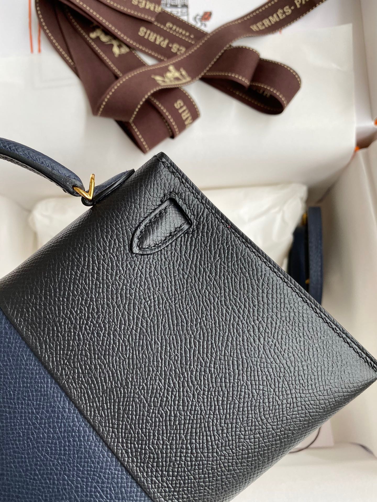 H**mes kelly mini ii sellier tri-color bag in black/blue indigo/red calfskin