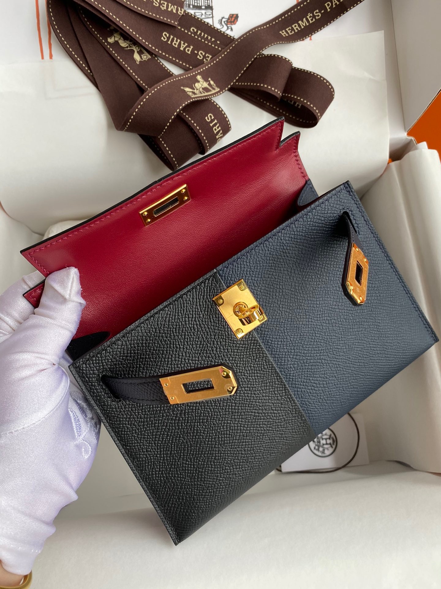 H**mes kelly mini ii sellier tri-color bag in black/blue indigo/red calfskin