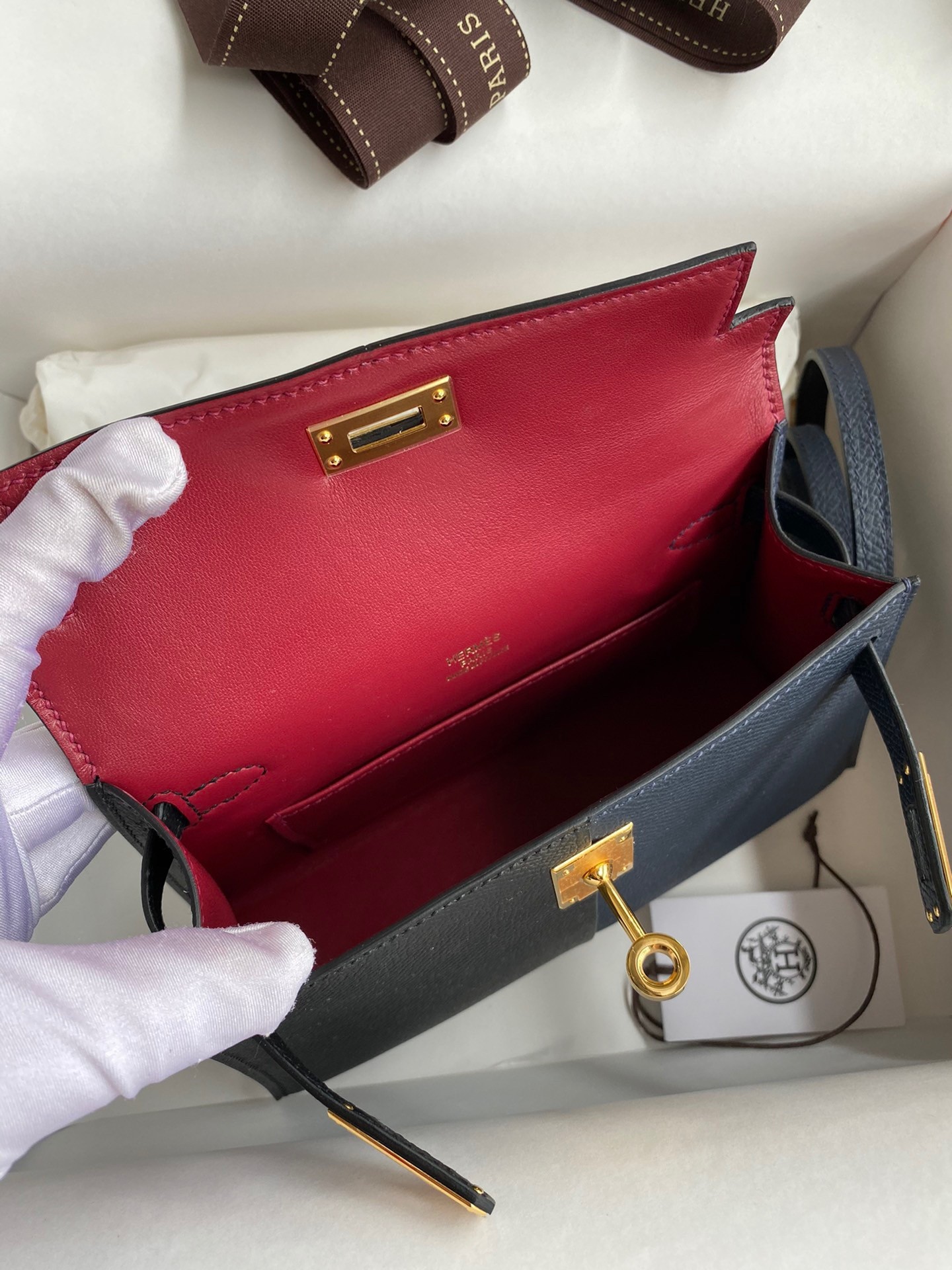 H**mes kelly mini ii sellier tri-color bag in black/blue indigo/red calfskin