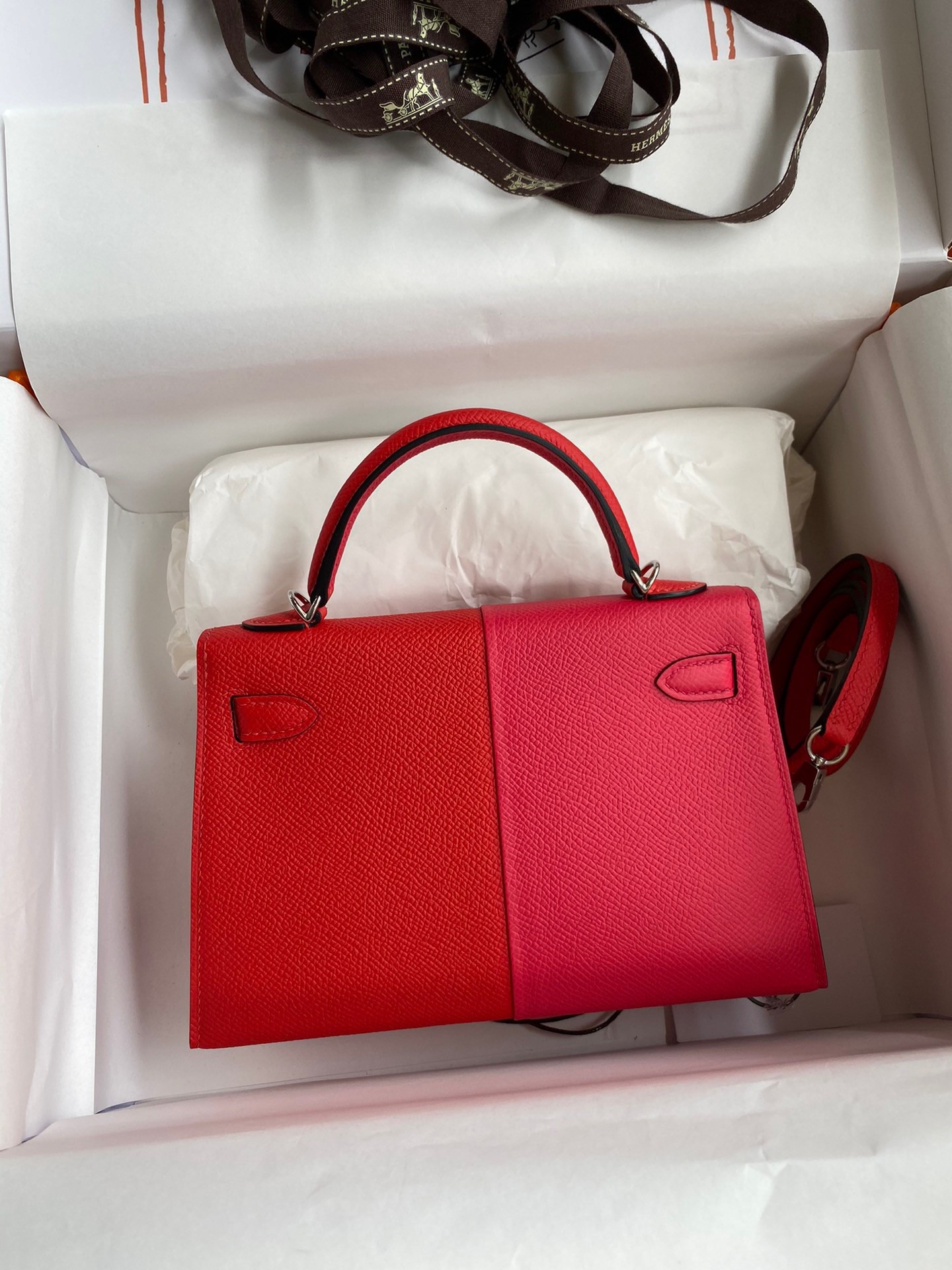 H**mes kelly mini ii sellier tri-color bag in red/rose extreme/blue epsom calfskin